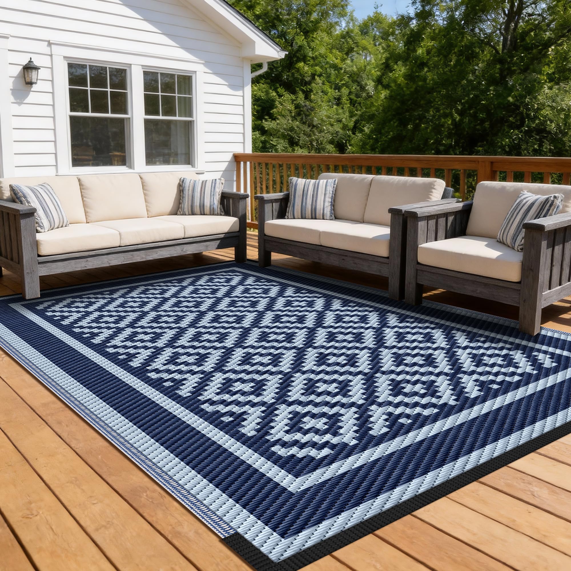 Kohree Tapis d'extérieur réversible avec 4 piquets et 1 sac de transport pour camping-car, terrasse, arrière-cour, pique-nique, porche, bleu, 2,9 x 3,5 m