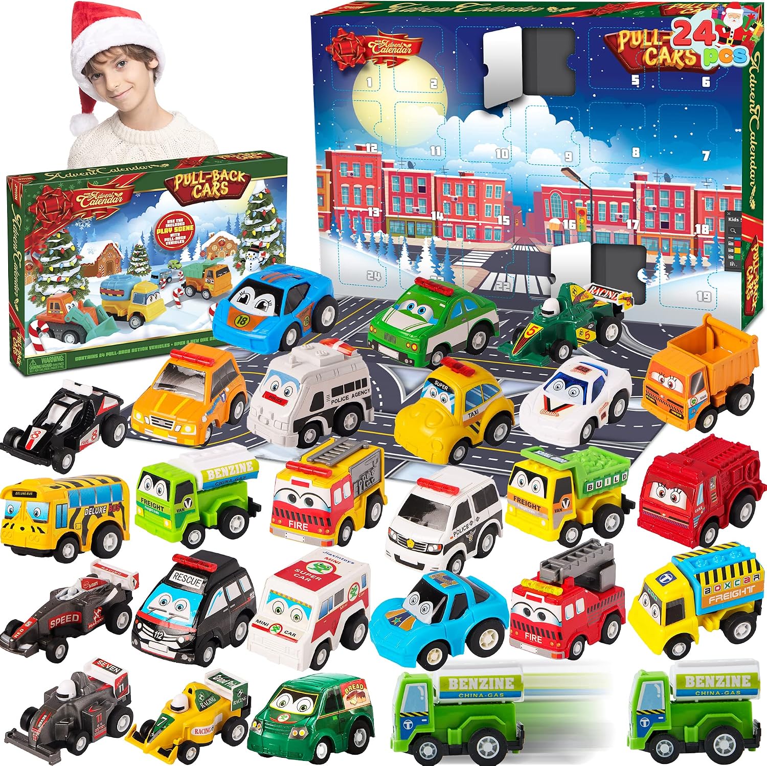 JOYIN 2022 Christmas Advent Calendar with 24 Different Vehicles, 24 Days Countdown Calendar with Pull Back Car Police Racing Cars Construction Vehicles Fire Truck for Boys Kids Party Favors, Classroom Prizes, Xmas Gift