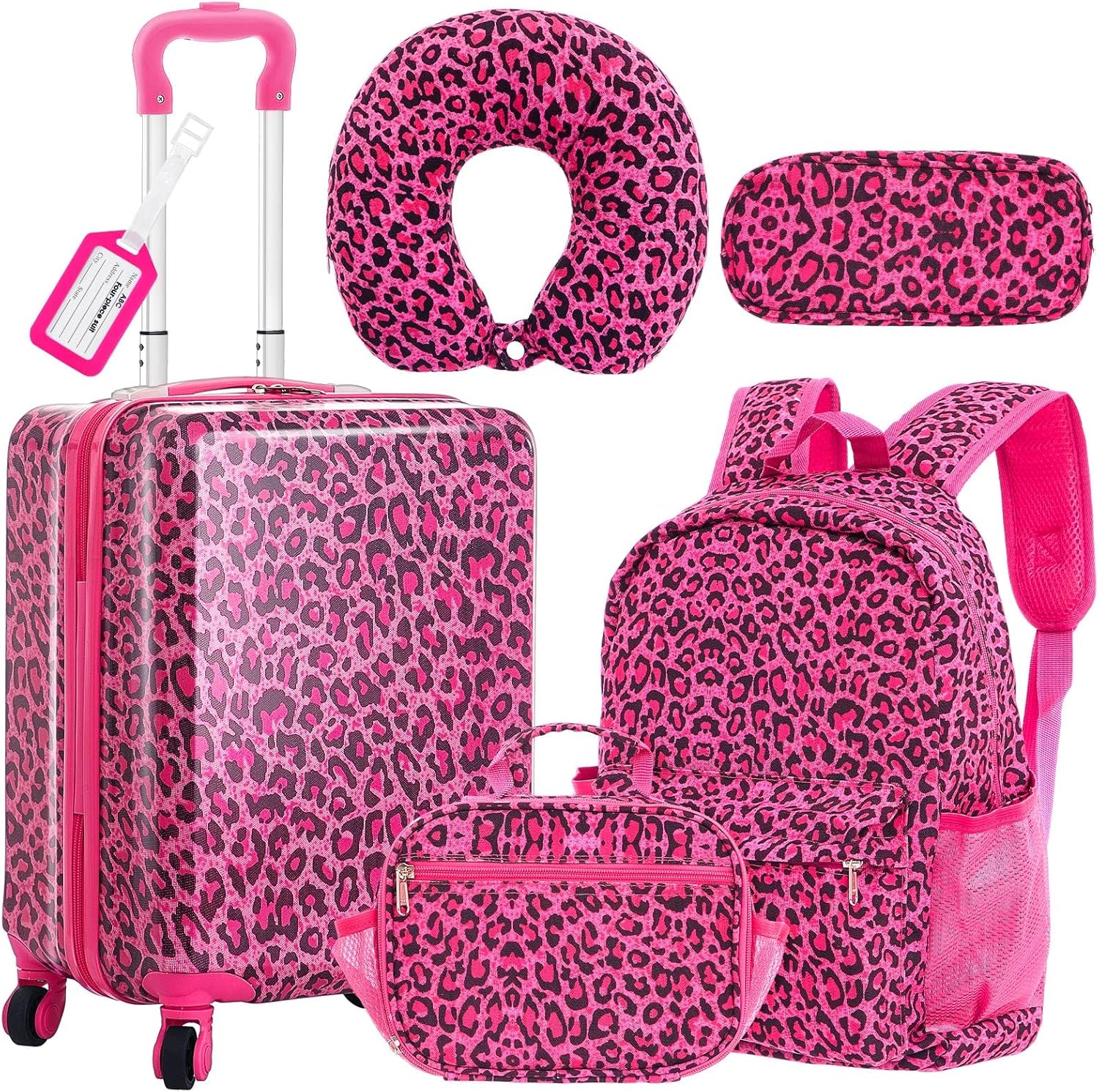Redbaker 6 Pcs Kids Luggage Set Gifts for Christmas 17 Inch Kids Rolling Luggage Double Pattern Suitcase for Boys Girls(Hot Pink,17 Inch,Leopard Print Style) Hot Pink 17 Inch Leopard Print Style