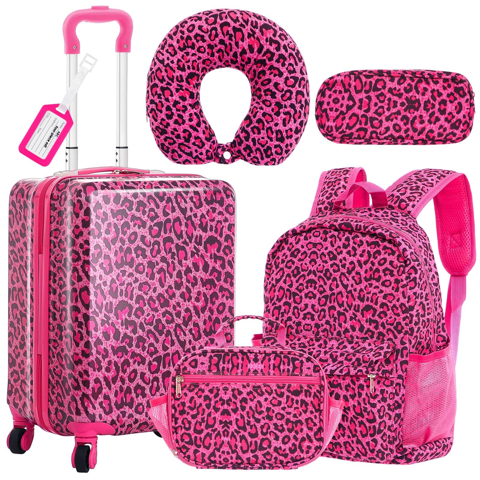 Redbaker 17 Inch 6 Pcs Kids Luggage Set Kids Rolling Luggage Double Pattern Suitcase for Boys Girls (Hot Pink, Leopard Print Style)