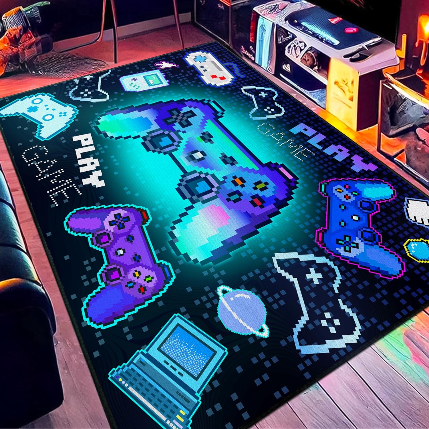 Play Gaming Rug for Bedroom, 59"x39" Game Controller Mat Whimsical Gamepad for Playroom, Washable Pixel Gamer Carpet for Game Lover