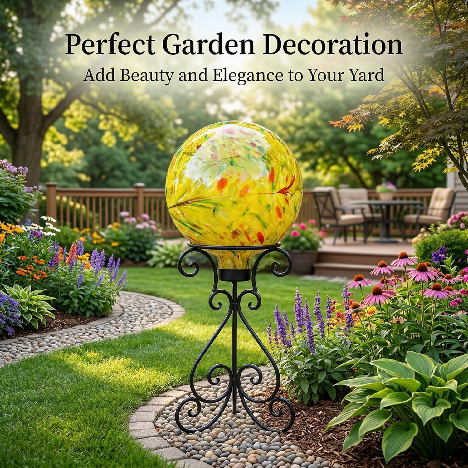 Gazing Ball 10 inch Colorful Glass Gazing Ball for Garden Decor, Indoor Outdoor Glass Gazing Globe Yard Decoration, Yellow