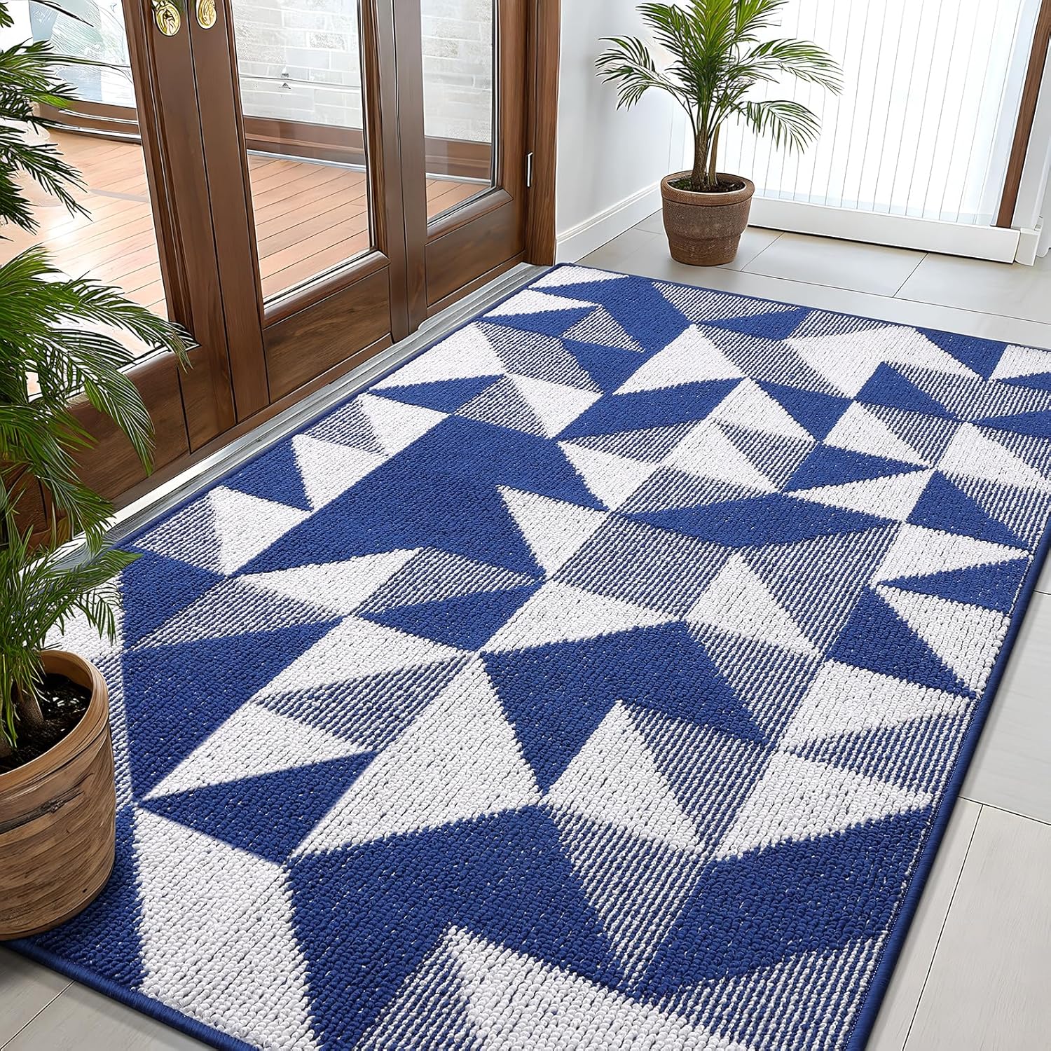 OLANLY Large Door Mat Indoor Entrance Washable 59x35, Odor-Free Low-Profile Front Back Geometric Doormat, Absorbent Resist Dirt Entry Carpet, Easy to Clean Sturdy Inside Floor Mats for Entryway, Navy 59" x 35" Navy