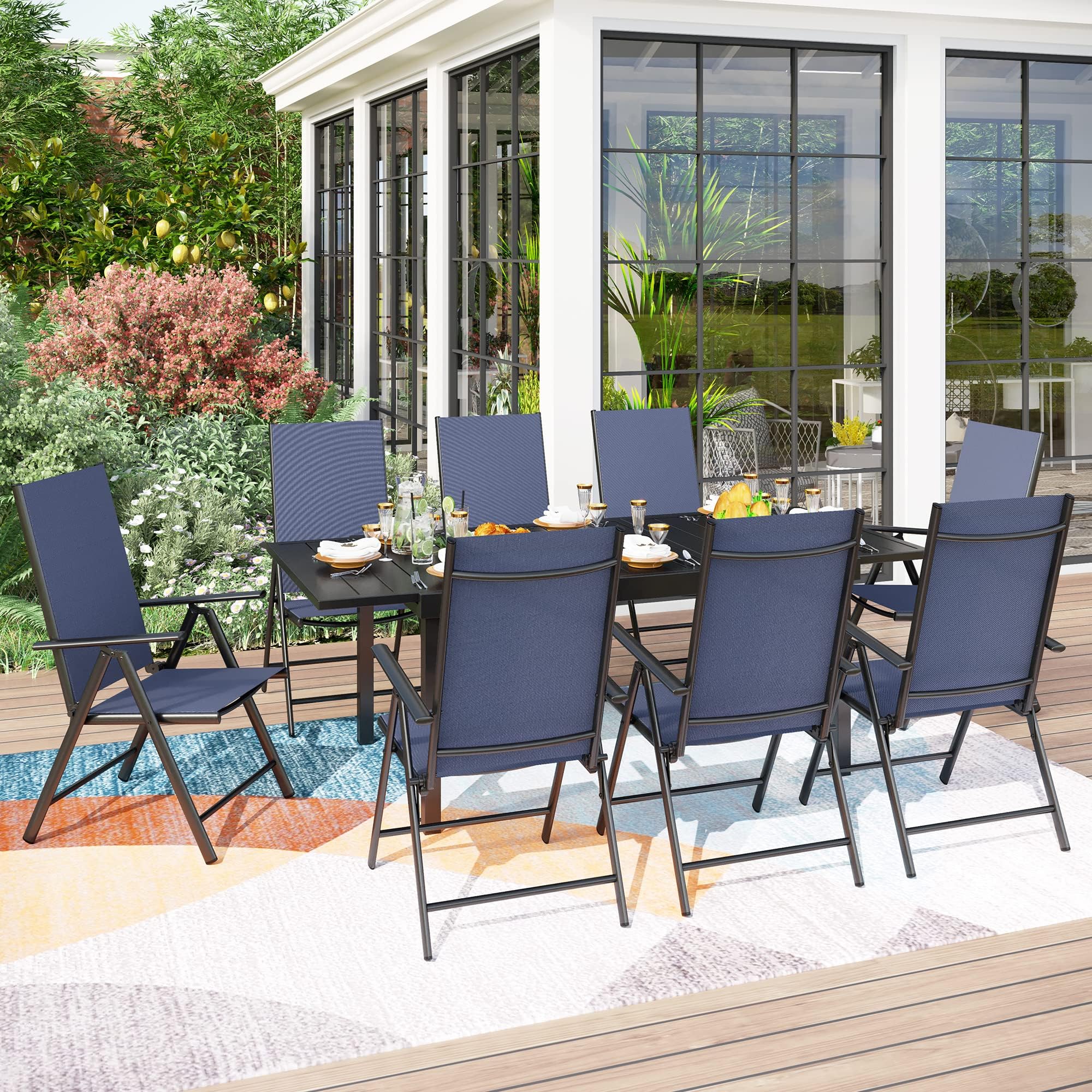PHI VILLA 9 Piece Outdoor Patio Dining Set, Adjustable Folding Patio Sling Chairs (Blue) with Extendable Metal Steel Dining Table for Outdoor, Garden, Lawn