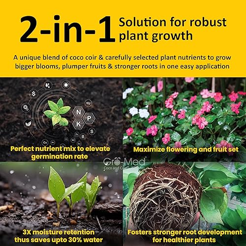 Miniatura 3 de Gro-Med Paquete de 2 ladrillos de coco enriquecidos con alimentos vegetales, tierra para macetas de coco 100% orgánico, baja EC, pH equilibrado,