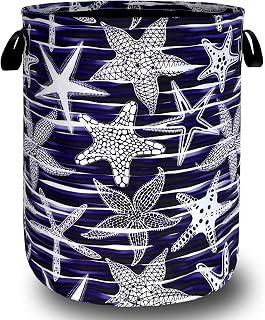 Blue Starfish Printed Laundry Basket Sea Beach Theme Funny Laundry Hamper Foldable Oxford Cloth Ocean Tote Bag Clothe Toy Storage Bucket 18.9"x16.5" For Bathroom/Laundry Storage/Bedroom