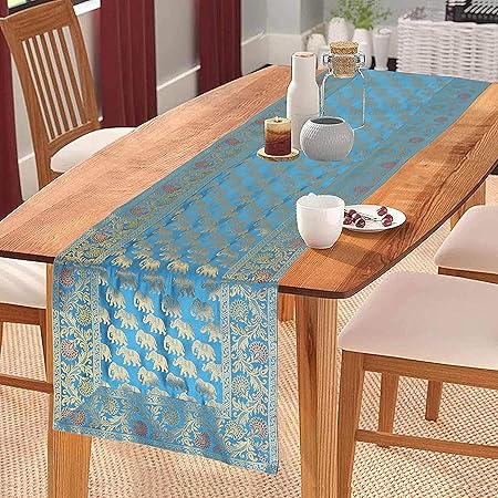 E-EZRA Decorative Dining Table Runner Silk Runners Banarasi Brocade Jacquard Silk Tablecloth Decorative Elephant 6 Seater Runner Long Size 16x60 Inch (Turquoise)