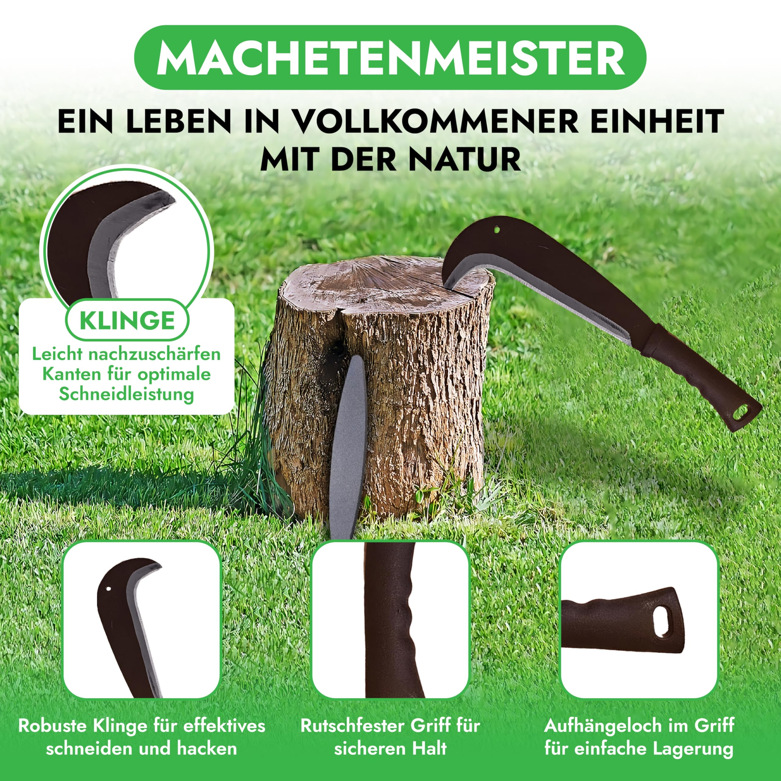 Schweizer Gertel - traditionelle scharfe Machete - nachhaltige Sichel 34cm- inklusive gratis Schleifstein – umweltfreundliche Handsichel