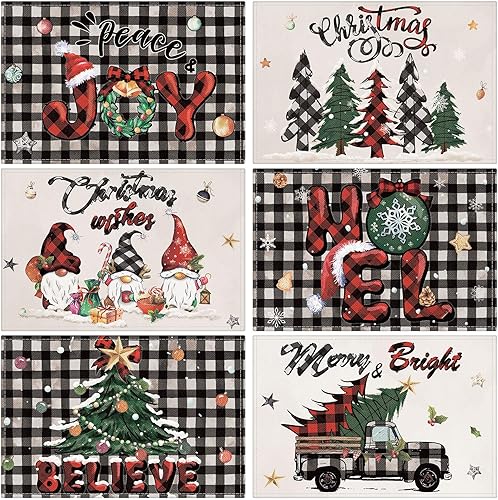 Hushee 6 manteles individuales de Navidad de 12 x 18 pulgadas, lavables, resistentes al calor, manteles individuales de Navidad, retro, con