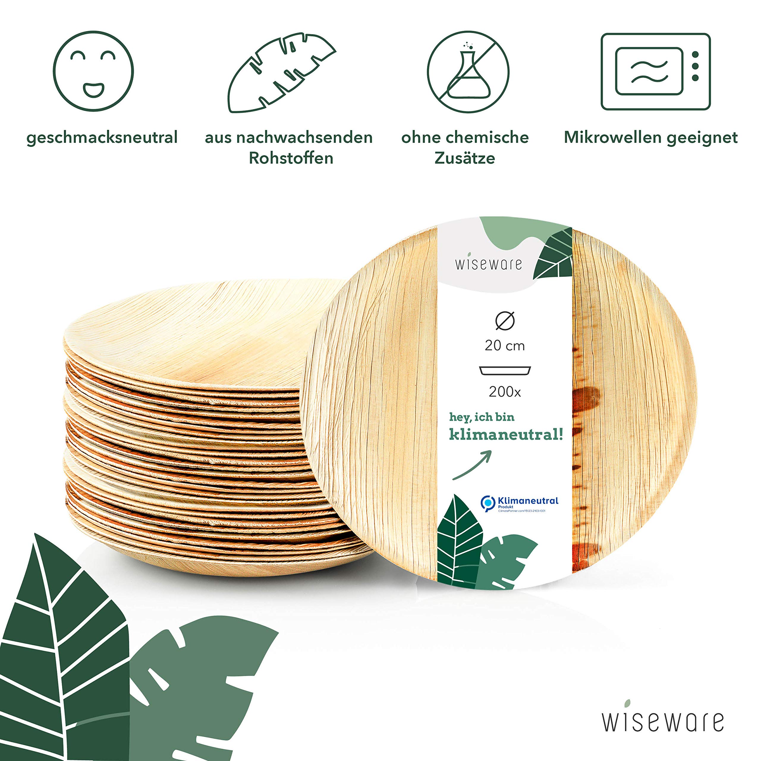 Wiseware Piatti in foglia di palma, 200 pezzi, piatti usa e getta, rotondi, Ø 20 cm, stoviglie biodegradabili in foglia di palma, stoviglie compostabili, stoviglie monouso biologiche