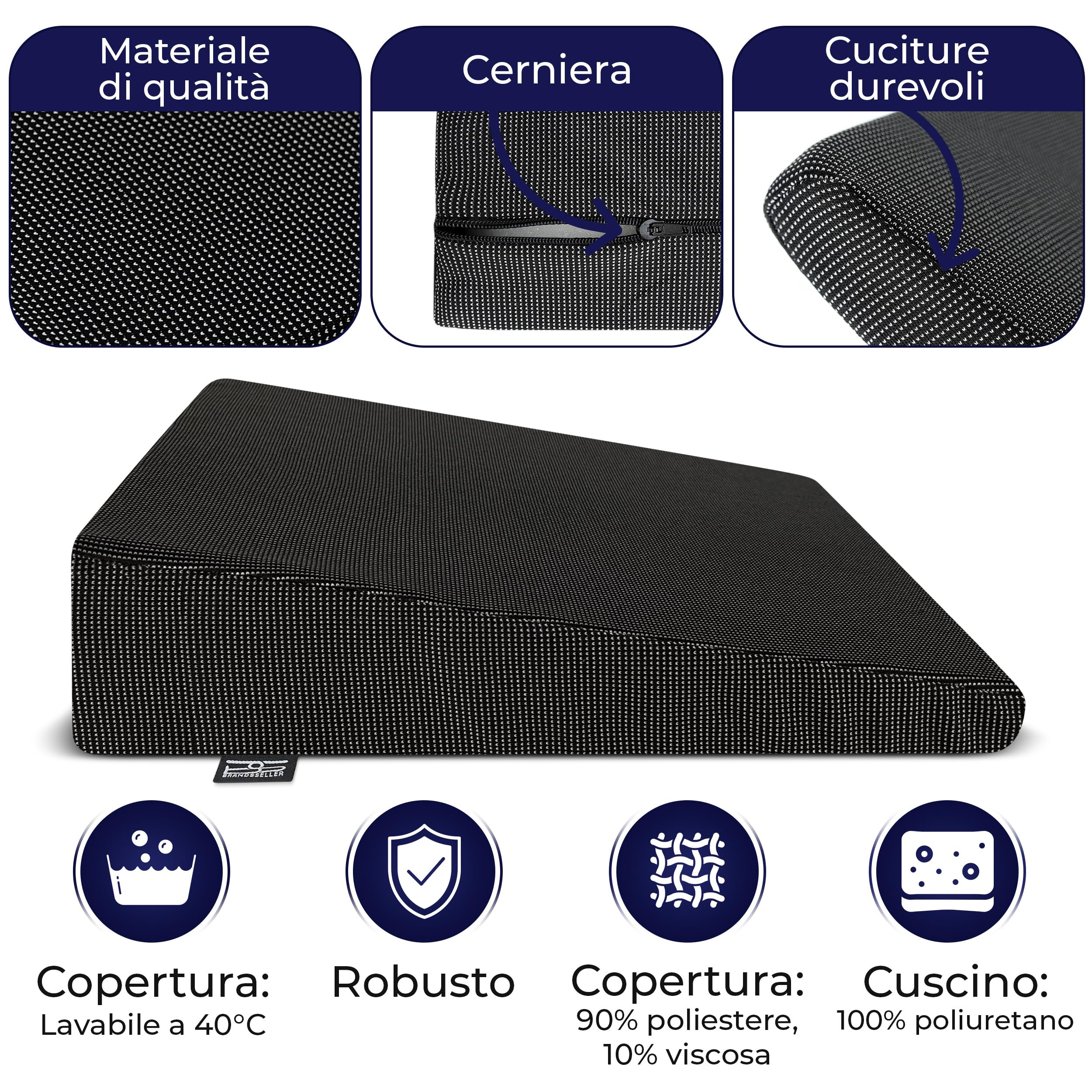 Cuscino a Cuneo 38x38x8/2 cm per Sedia, Ufficio e Auto, Cuscino Ergonomico per Seduta Corretta, Supporto per Schiena, Nero
