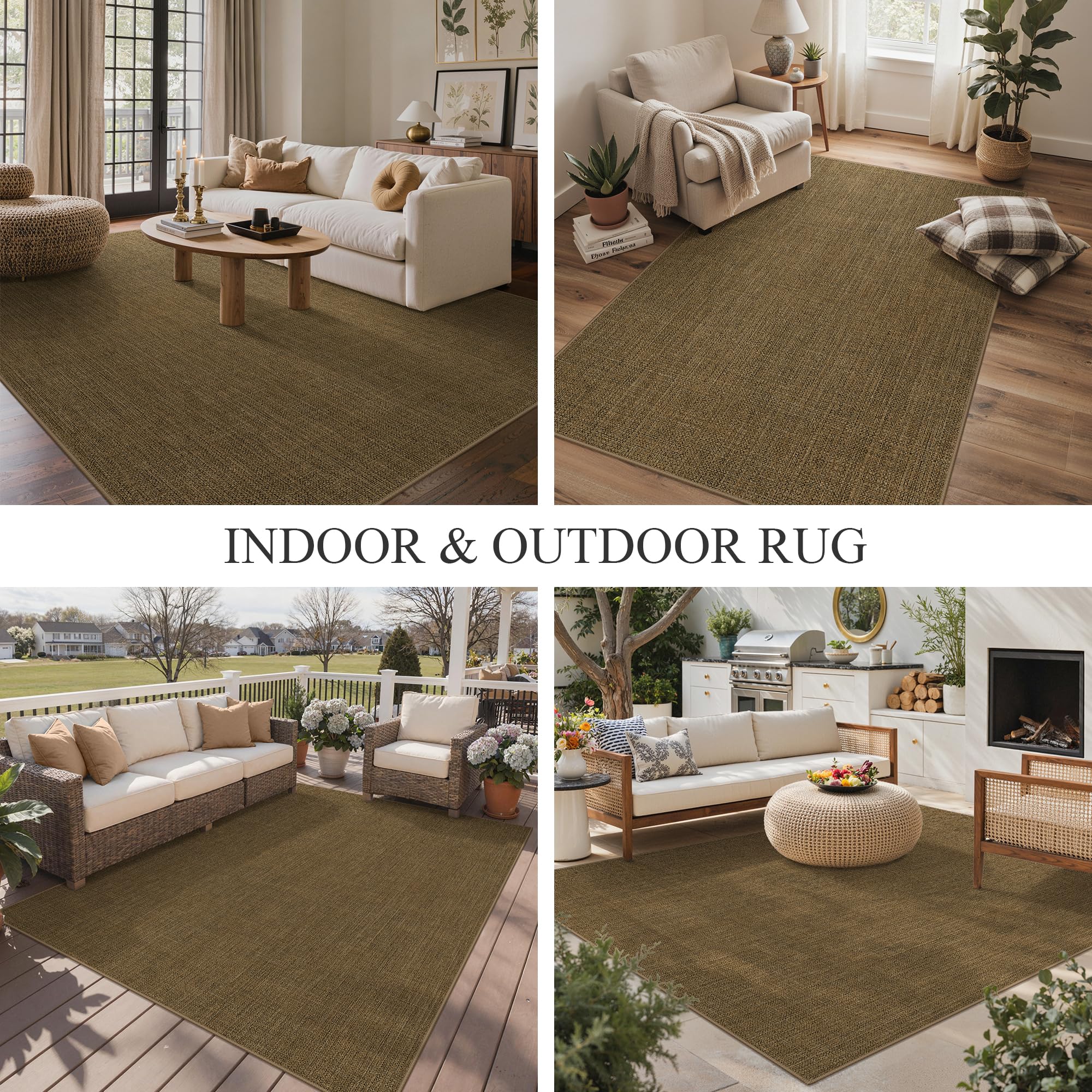 Tappeto Interno Esterno Effetto Sisal Minimalista, Tessitura Piatta in Polipropilene Lavabile Antiscivolo Resistente alle Intemperie, Marrone Scuro per Balcone Terrazza Soggiorno Cucina 160x230 cm