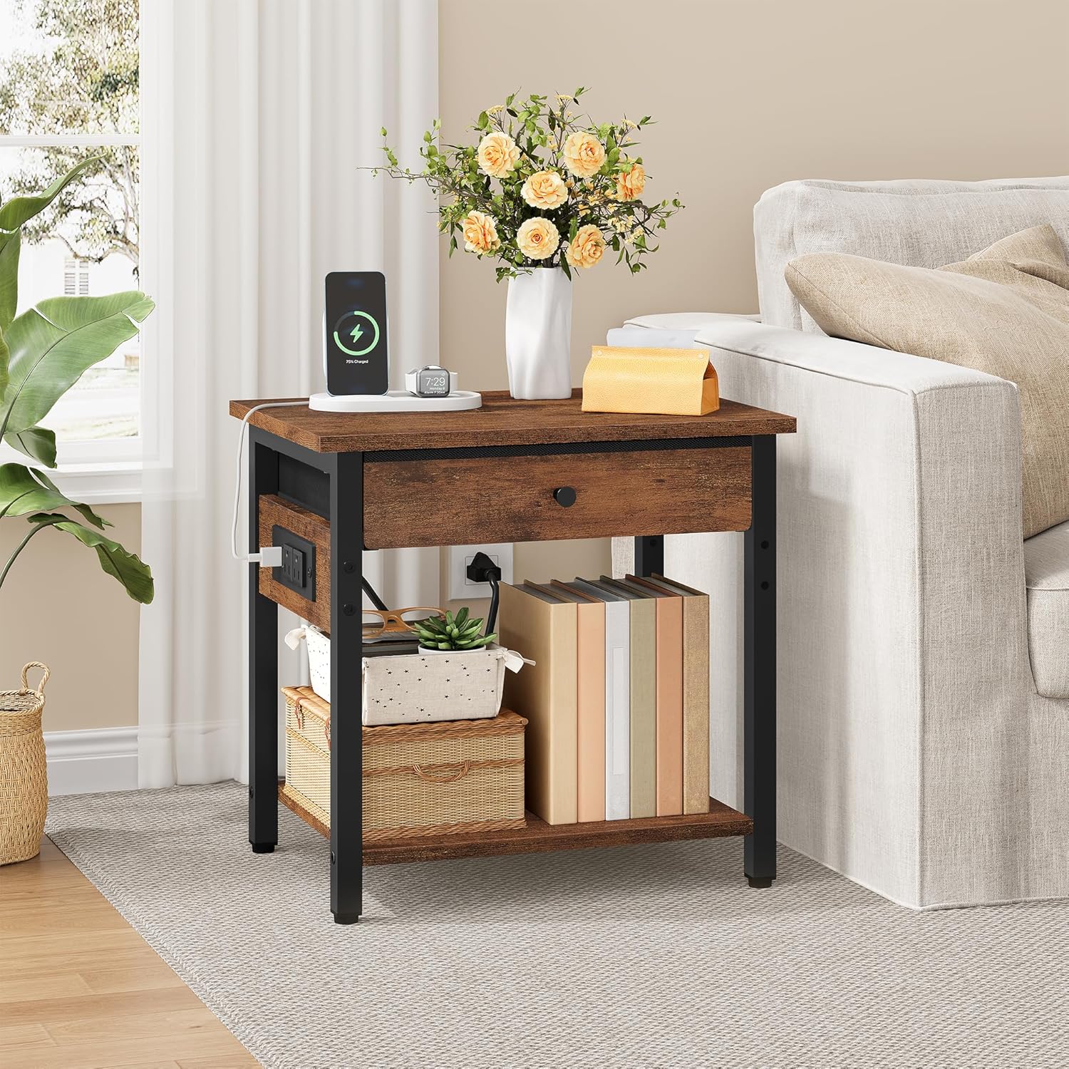 Gewudraw Printer Stand with Charging Station, 2-Tier Under Desk Printer Table, Side Table with Storage Shelves for Home Office, Living Room, Bedroom, Bathroom, Brown