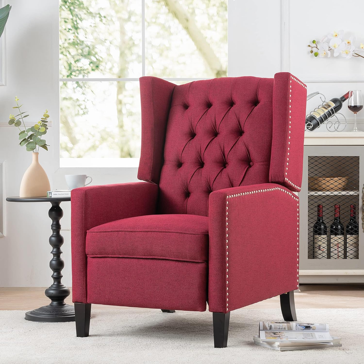 Pushback Recliner,Comfortable Wingback Recliner Sofa Chair With Adjustable Backrest Tufted Fabric Upholstered Armchair,Retro Rivets Decorated Recliner for Living Room Bedroom Office Home Theater (Red)