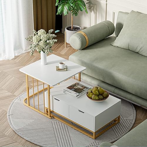 Miniatura 1 de Cozy Castle Moderno juego de 2 mesas de centro desmontables 2 en 1 pequeñas cuadradas y rectangulares para sala de estar blancodorado