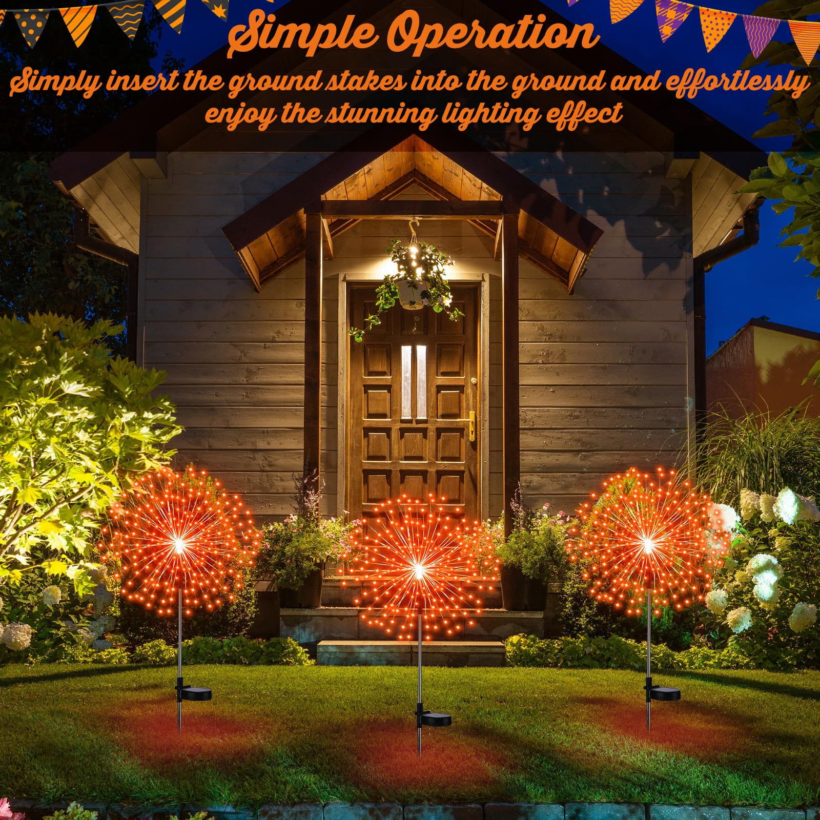 Tujoe Lot de 4 lampes solaires sur piquet 180 LED, 8 modes, étanches, décoration d'extérieur pour allée, jardin, terrasse, allée, cour, pelouse (orange)
