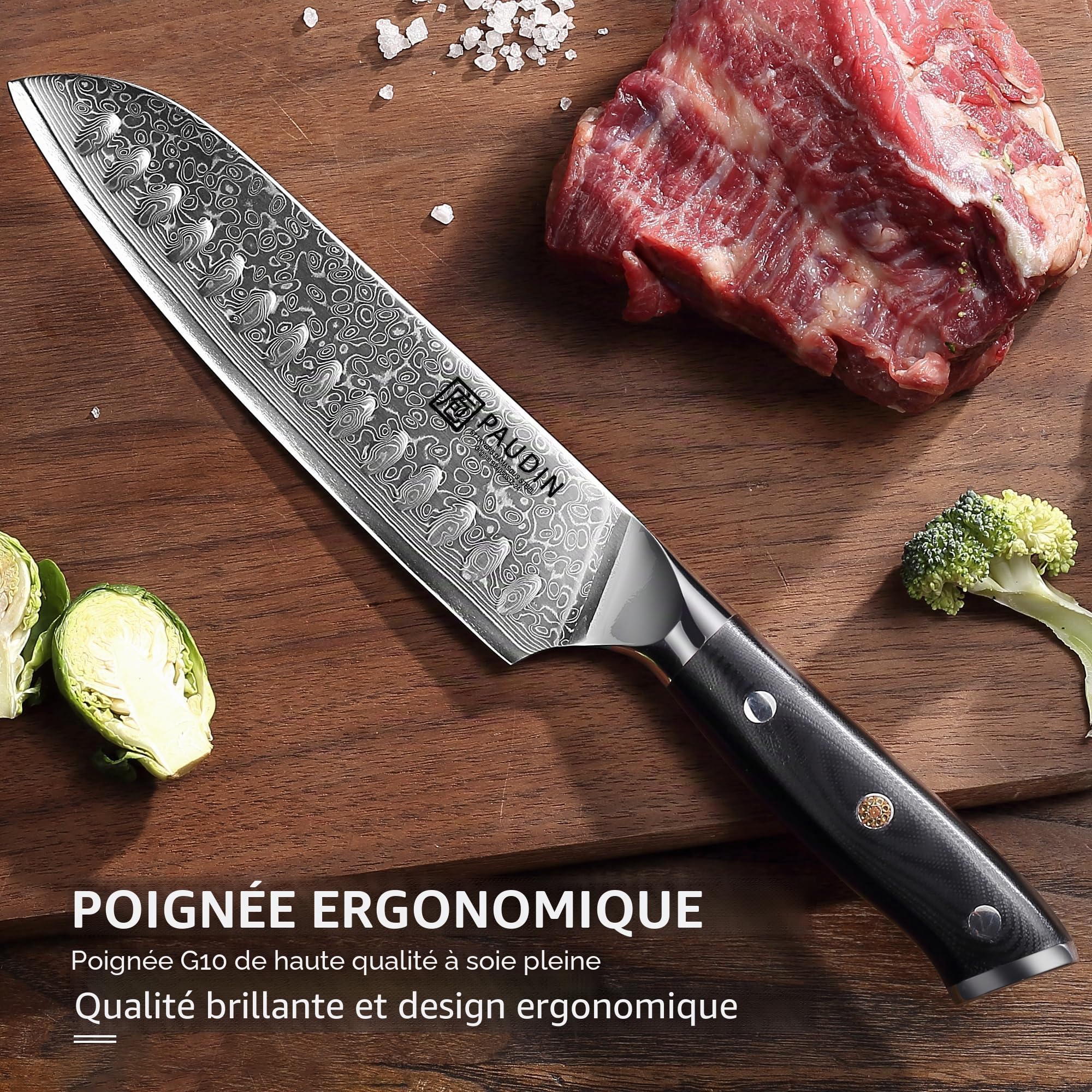 PAUDIN Couteau Santoku Damas 17 cm, ultra tranchant 67 couches en acier Damas VG10, couteau de cuisine professionnel avec manche ergonomique G10