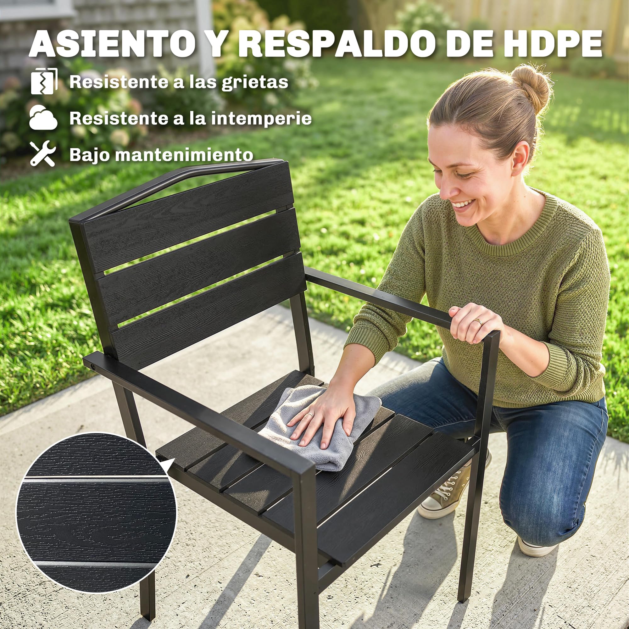 Outsunny Juego de 4 Sillas de Jardín Exterior Apilables, Sillas Terraza Exterior con Reposabrazos, Asiento y Respaldo de HDPE con Listones, Estructura Metálica Resistente, 52x51x90 cm, Negro