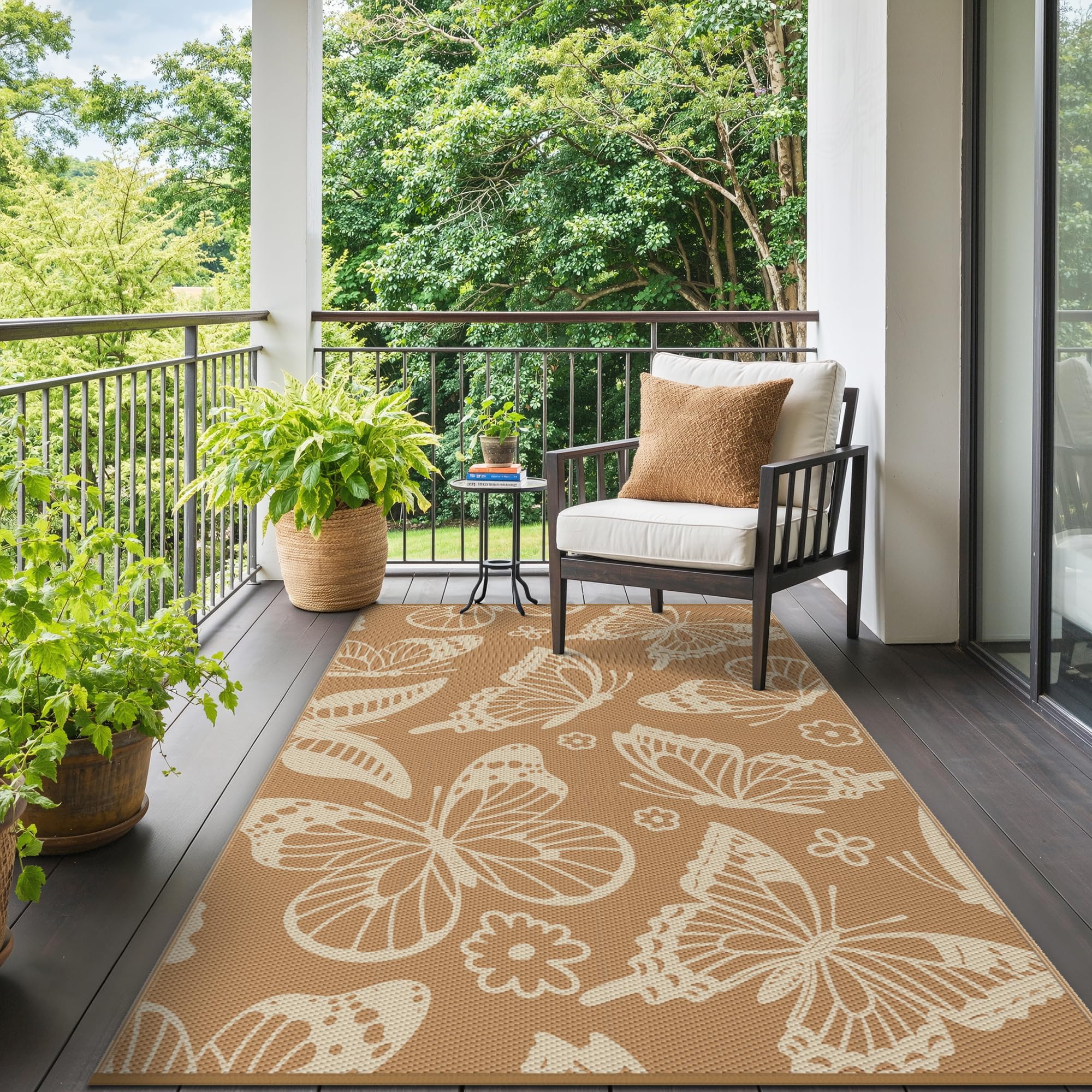 GENIMO Outdoor Rug 180x270cm, Large Butterfly Pattern Waterproof Reversible Garden Rug, Washable Patio Carpet, Recycled Plastic, Modern Outside Mat for Out Door, Backyard, Brown and Beige