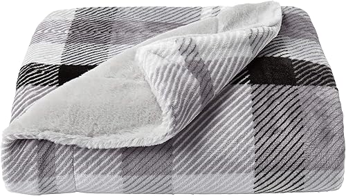 Miniatura 8 de Lavish Home Collection - Manta de franela con estampado a cuadros grises con respaldo de conejo de piel sintética sólida, lujosa, suave,