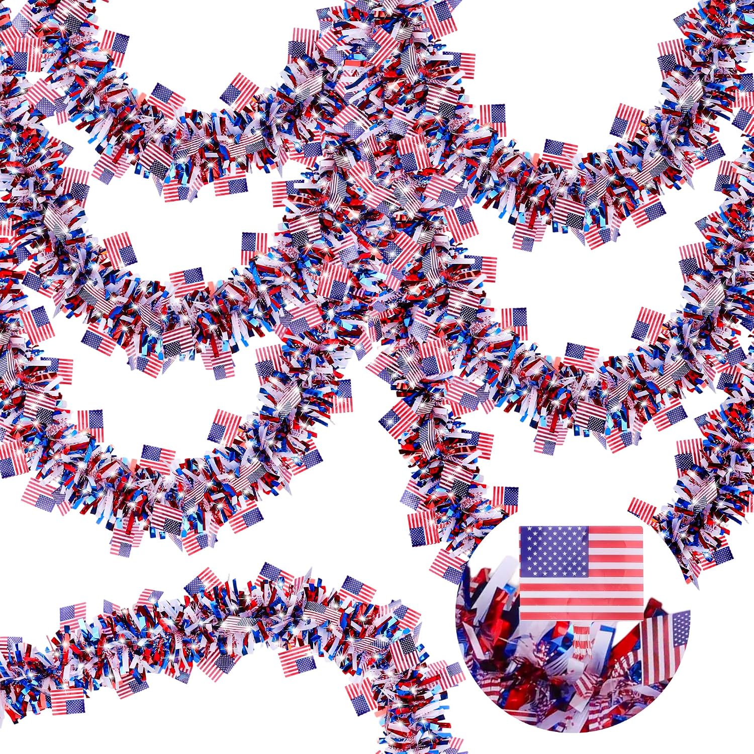 50 Feet Patriotic Tinsel Garland with USA Flags - Red White and Blue Metallic Glitter Streamers for 4th of July Decorations, Independence & Memorial Day Outdoor Indoor Party Decor