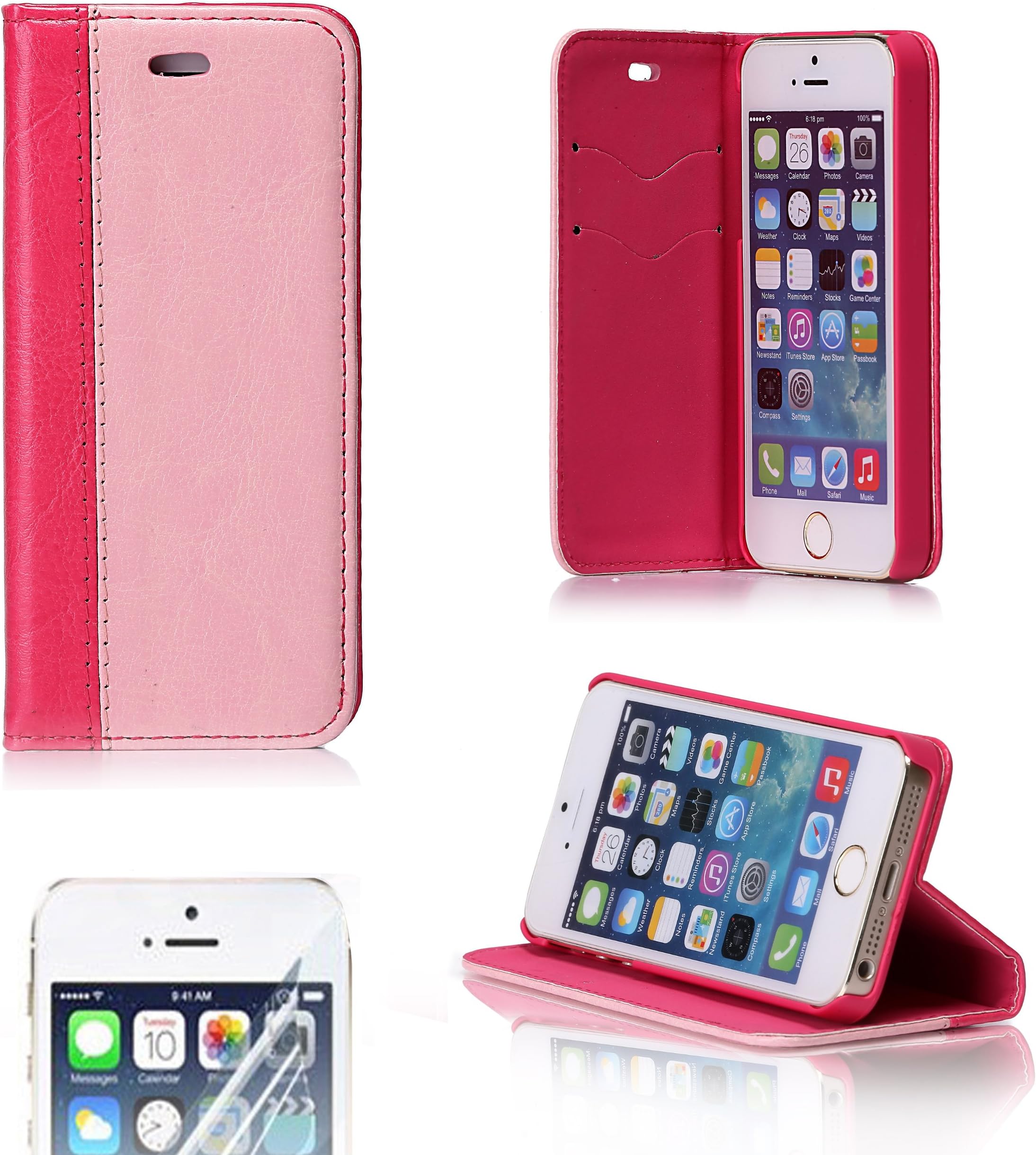 imiGen Signature Leather Wallet Flip Cover Case w/ Card Slots for iPhone 5 / 5S + HD Screen Protector - Stand Feature - Candy Pink and Rose Red