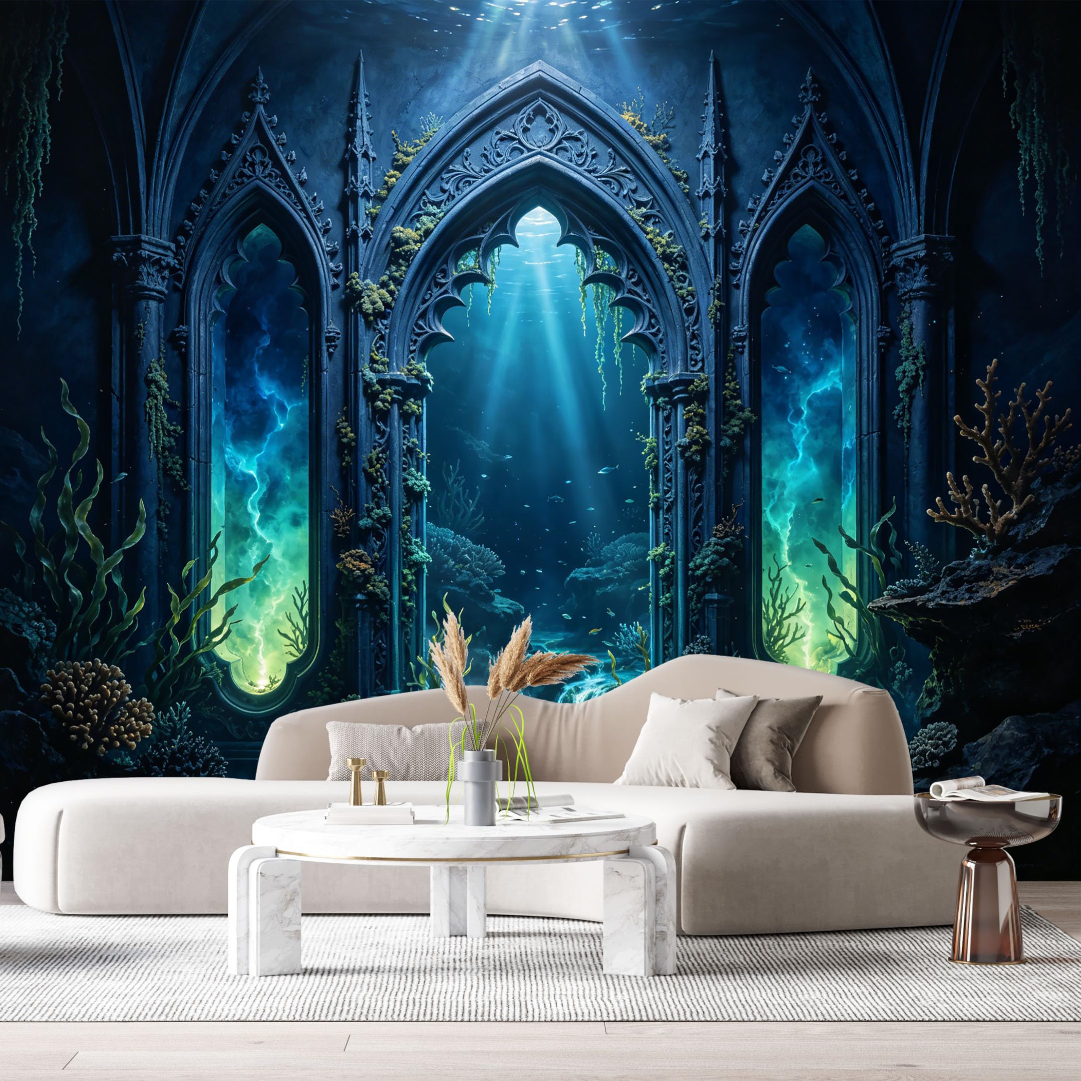 Custom Size Wall Murals Ocean Marine Gothic Cathedral Underwater Palace 3D Trompe L'Oeil SelfAdhesiveWall Fabric Removable Wallpaper Wall Decor for Living Room Bedroom Bathroom