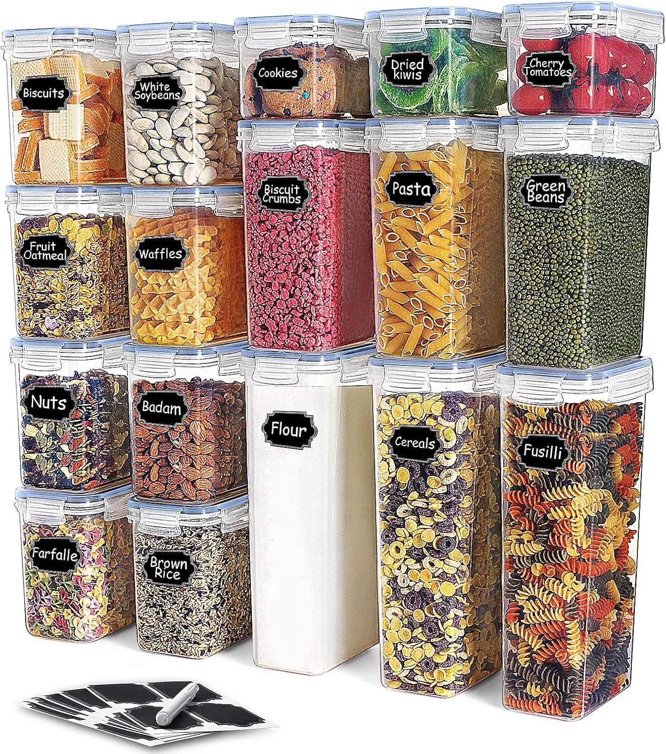 Airtight Food Storage Containers Set,TAEVEKE Cereal & Dry Food Storage Container with Lids Set of 17, BPA Free Plastic Canisters for Kitchen Pantry Organization,Leak-proof with Labels &Marker (Blue)
