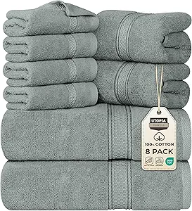 Utopia Towels 8 Piece Premium Towel Set, 2 Bath, 2 Hand, and 4 Wash Cloths, 600 GSM 100% Ring Spun Cotton, Highly Absorbent Towels for Bathroom, Gym, Hotel, and Spa, Cool Grey