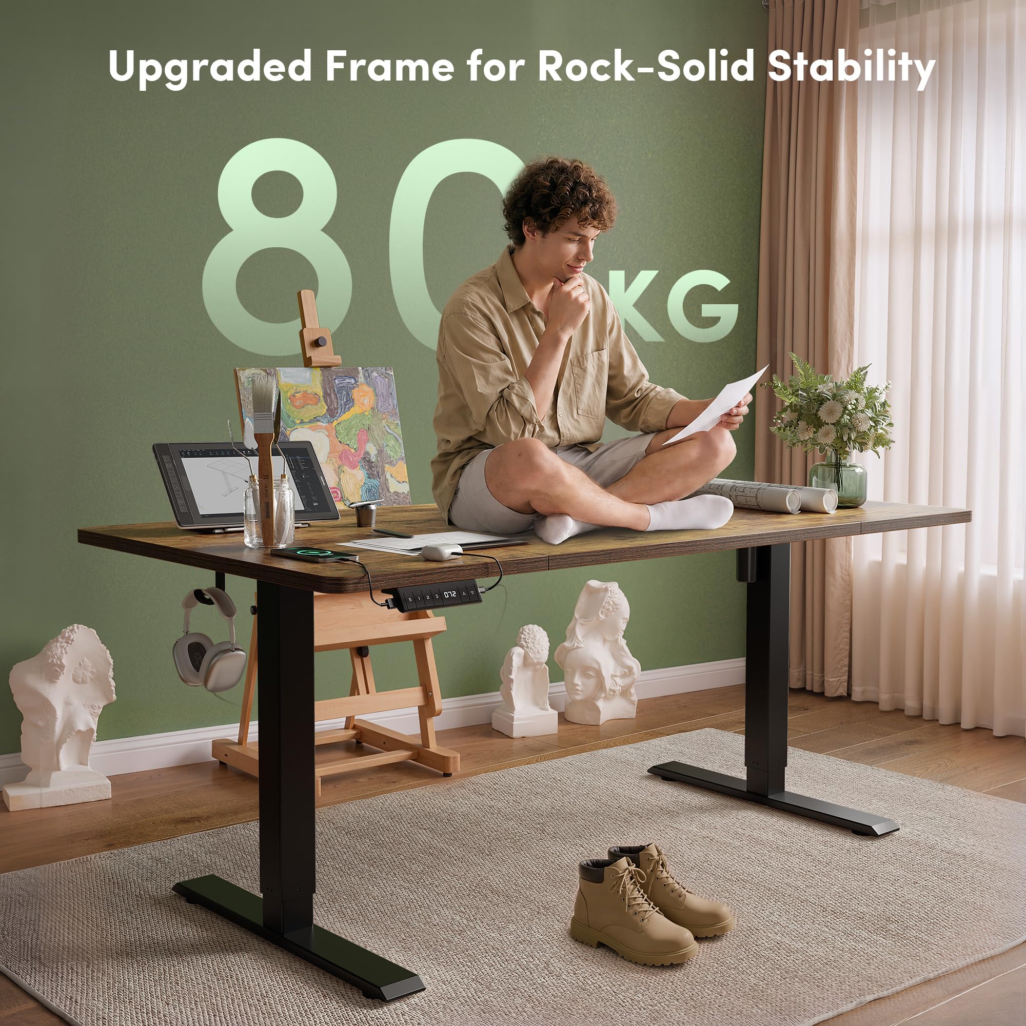 FEZIBO Höhenverstellbarer Schreibtisch mit USB-A und USB-C-Ladeanschlüssen, 160 x 80 cm Schreibtisch Höhenverstellbar Elektrisch, Ergonomischer Steh-Sitz Tisch für Heimbüro, Standing Desk, Braun