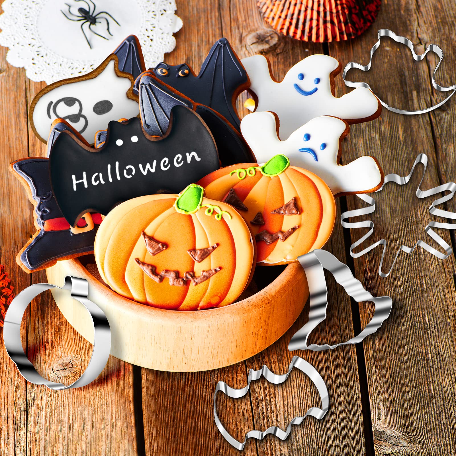 LIANRISES Halloween Ausstechformen Set - 7 Edelstahl Keksausstecher + 100 Tüten | Grusel-Backspaß