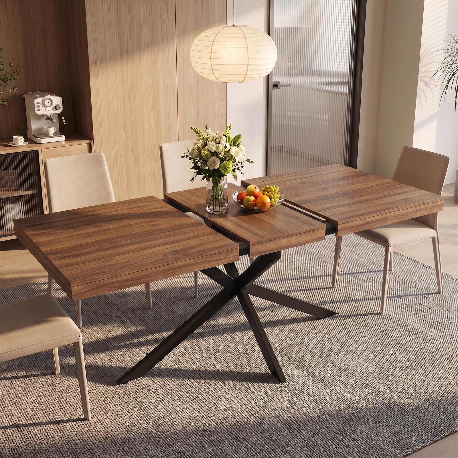 OOFAYJIA Extendable Dining Table 140-180cm Metal Frame with Hidden Storage