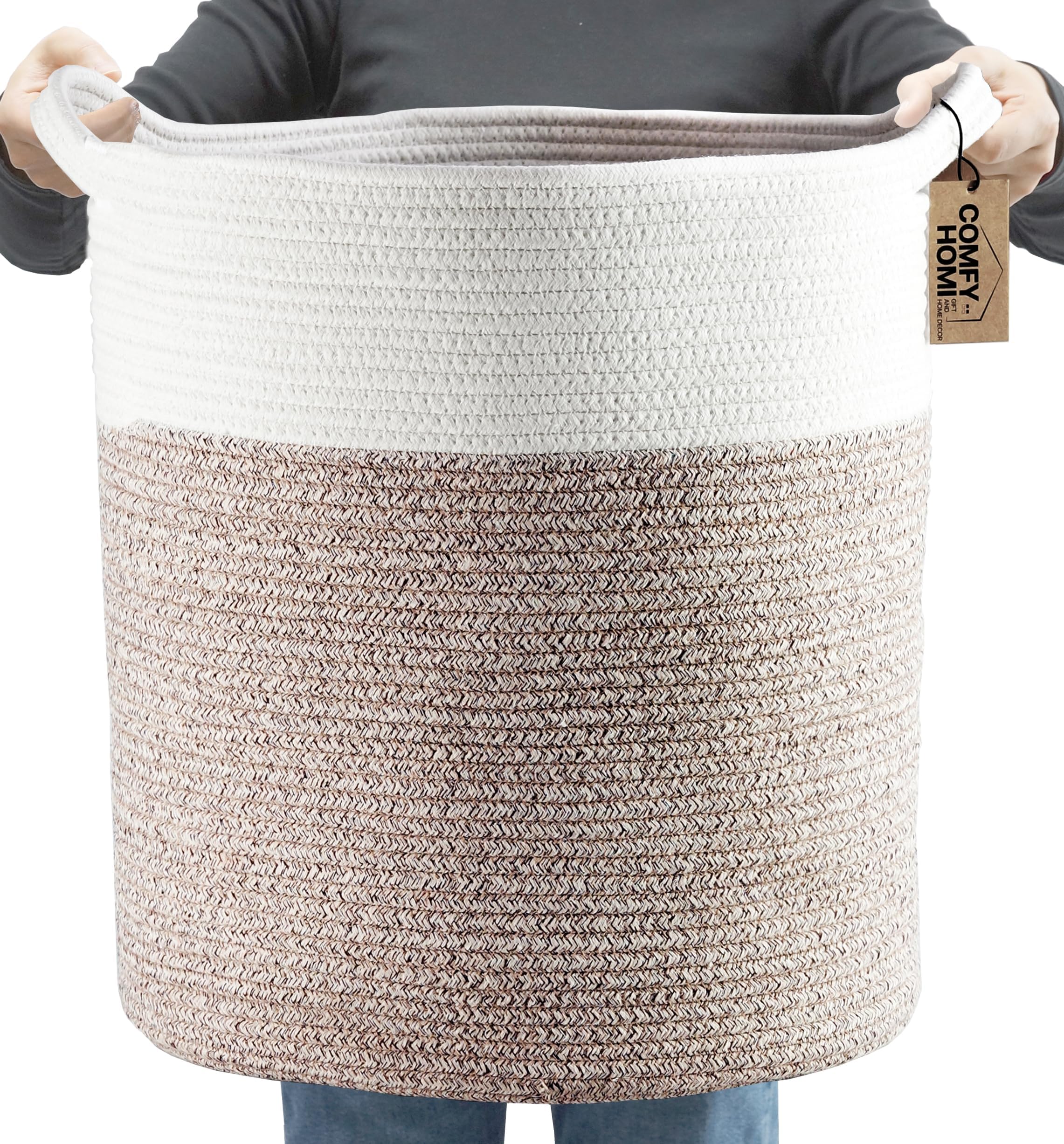 COMFY-HOMI XXL Large Laundry Basket with Handles Blanket Baskets Living Room|Woven Cotton Rope Decorative Basket Laundry Hamper Baby Basket Nursery Dog Toy Storage Organizer Bin-16”x18”-White Brown