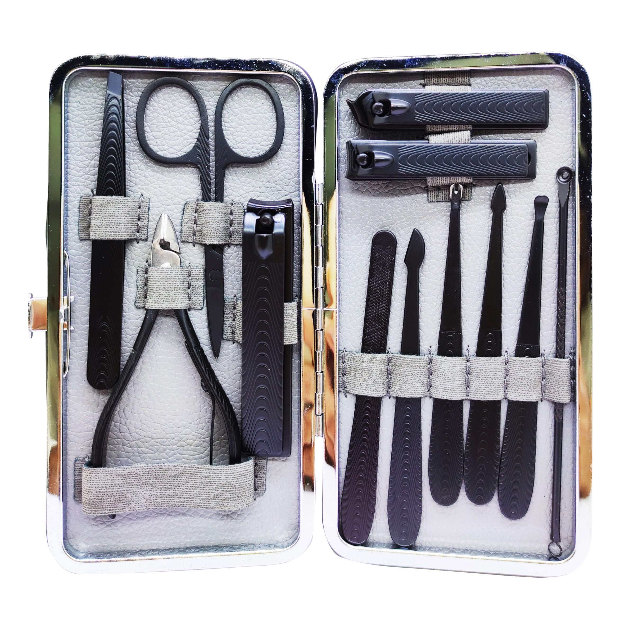 KIRA 12Pcs Manicure Pedicure Set Nail Clippers Stainless Steel Nail Scissors Grooming Kit with Peeling Knife, Nail Cleaning Knife, needle, Blackhead Tool & Travel Case (Black)-picture-12