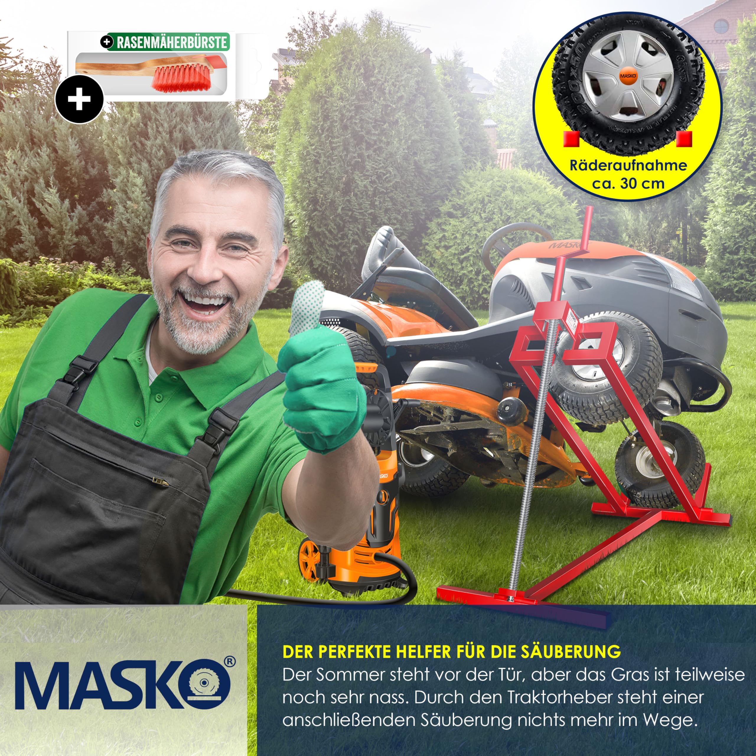 MASKO Elevador de tractor de césped XXL, 450 kg, dispositivo elevador, plataforma elevadora, herramienta de limpieza universal, elevación de tractor de césped, inclinación ajustable +45°, incluye