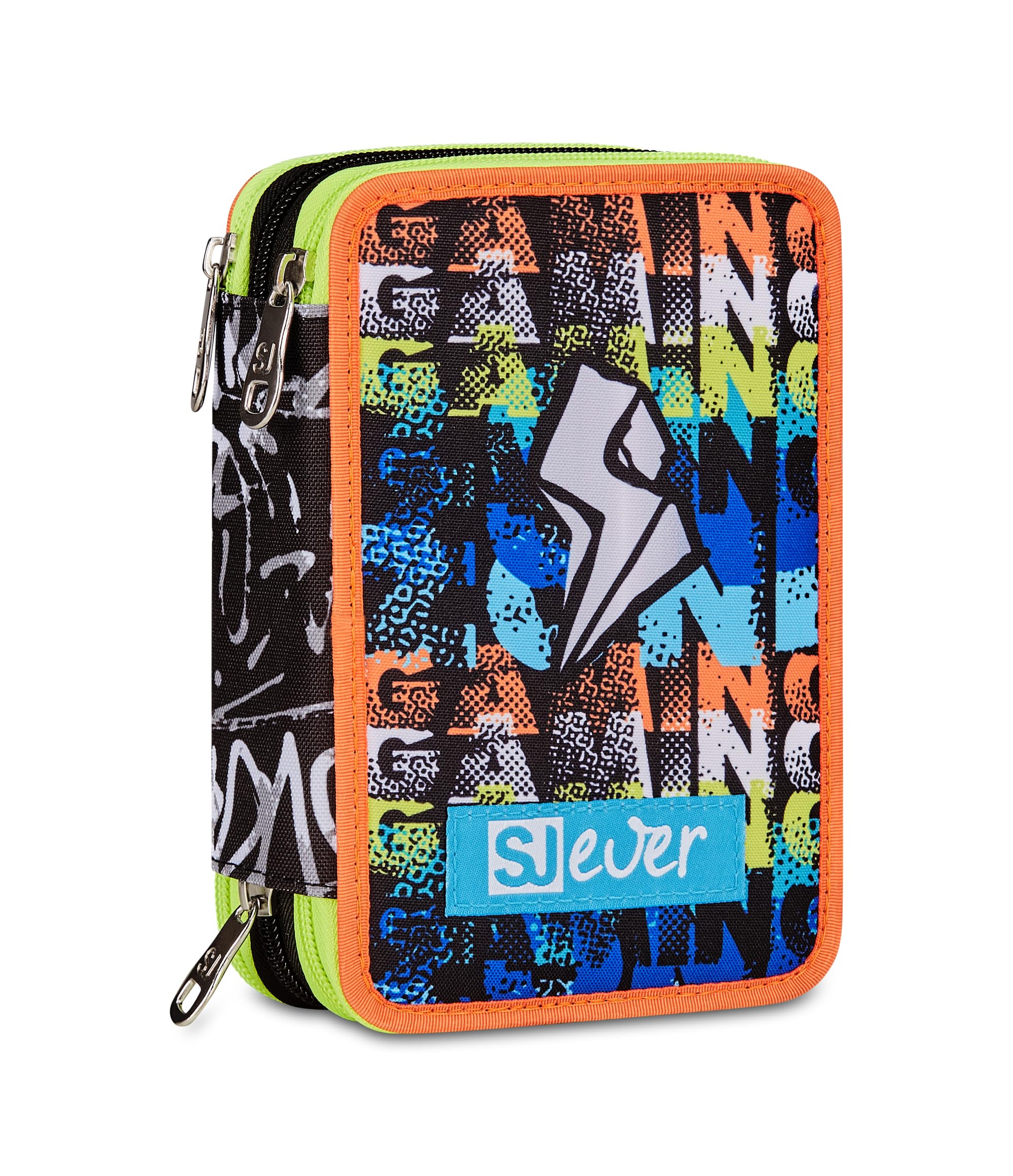 SJ GANG STYLE JAM GANG School Pencil Case 3 Zip, Blue, Triple Compartment Pen Holder Complete with Pens, Pencils, Colours, Backpack Accessories, Elementary Schools, Children, Blue, Modern