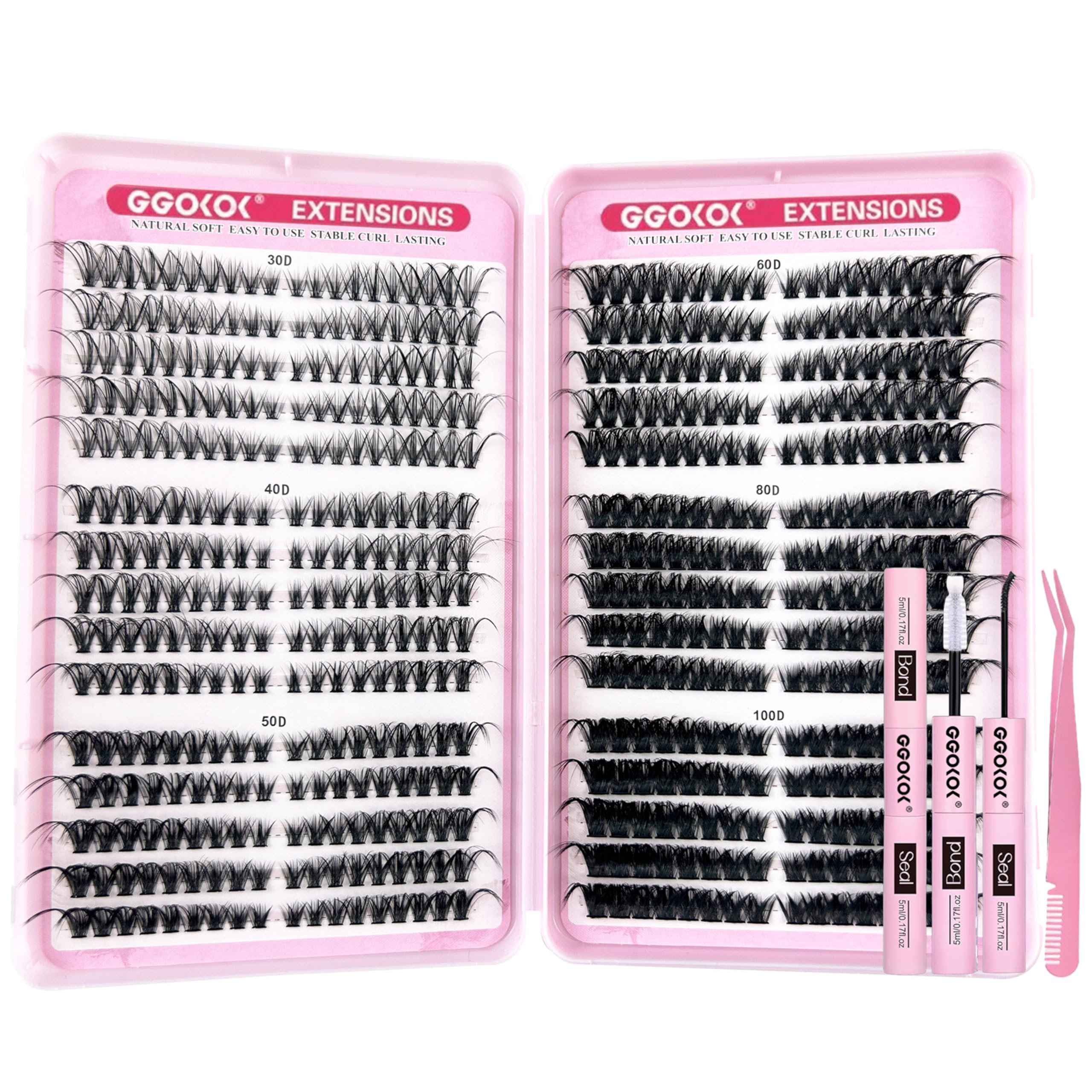 GGOKOK DIY Lash Clusters Kit Left and Right 30D+40D+50D+60D+80D+100D Fluffy Volume 8-16MM Thick Eyelash Extension Kit Individual Lashes Clusters Bond and Seal Tweezers(30D-100D,Left and Right,Kit) - Image 2