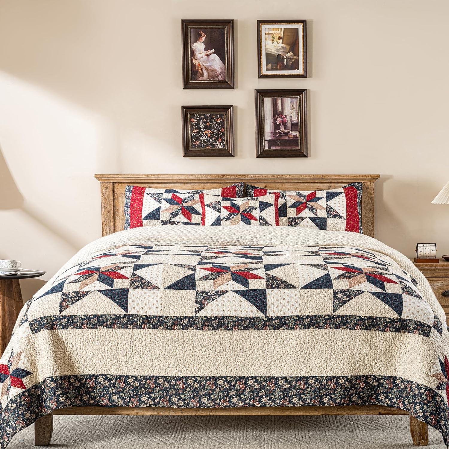 Star Patchwork Quilt Set King Size Country Comforter 100% Cotton Reversible Breathable Geometric Quilted Bedspread with 2 Pillow Shams +1 Throw Pillow Cover - Image 2