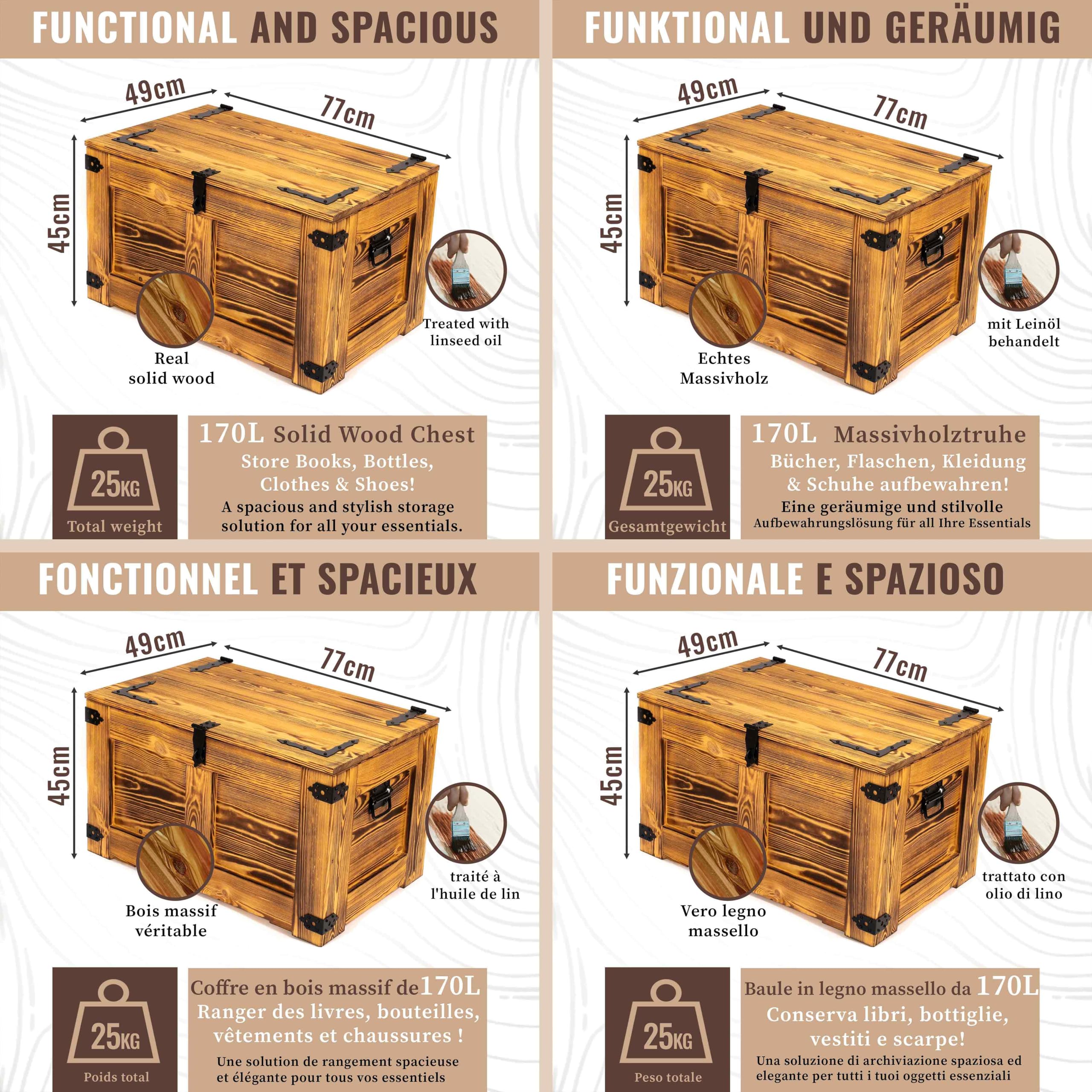 CREATIVE COOPER Caja de madera multifuncional con diseño de cofre del tesoro, caja de almacenamiento, mesa rústica, juguetes, 77 x 49 x 45 cm, hecha a mano de roble con aceite de madera ecológica
