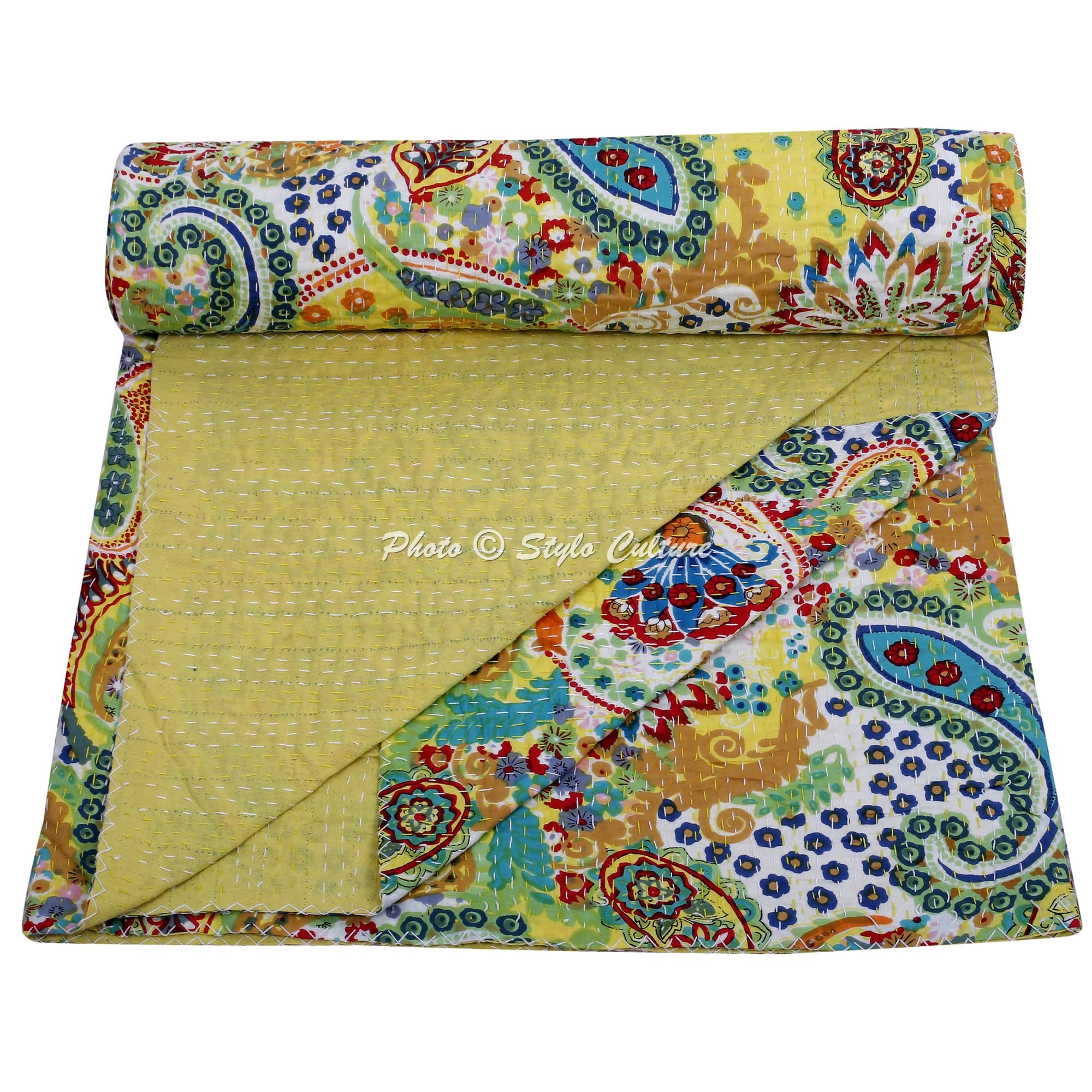 Stylo Culture Indian Kantha Bedspread Double Size Cotton Yellow Indian Cotton Paisley Hand Stitched Bedding Quilt Bed Cover Coverlet