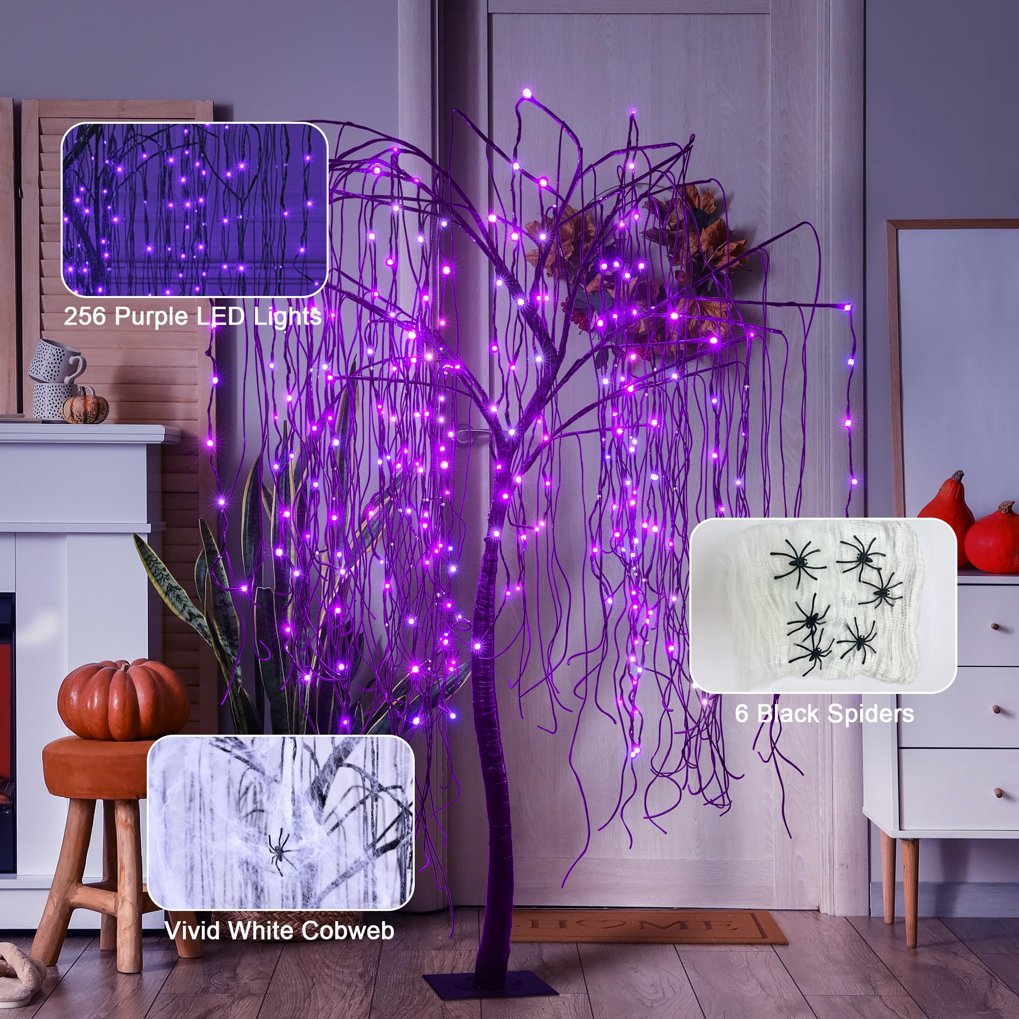 7 FT Halloween Lighted Willow Tree 256 LED Purple Lights Artificial Weeping Willow Tree with 6 Spiders Outdoor Indoor Decoration Christmas Festival Decor