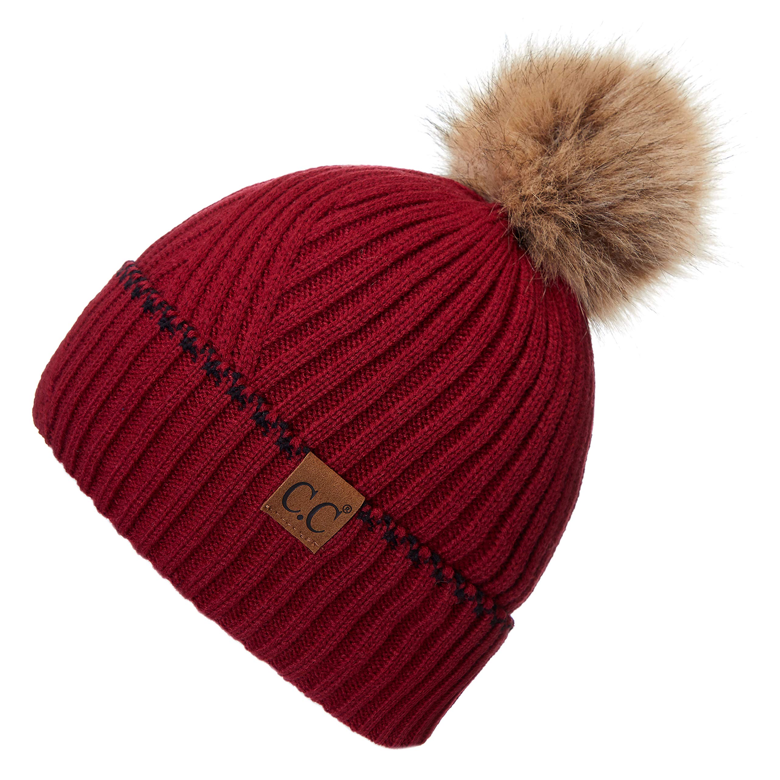 C.C Exclusives Geometric Cable Knit Beanie Hat With Faux Fur Pom - Winter Hat For Women & Men