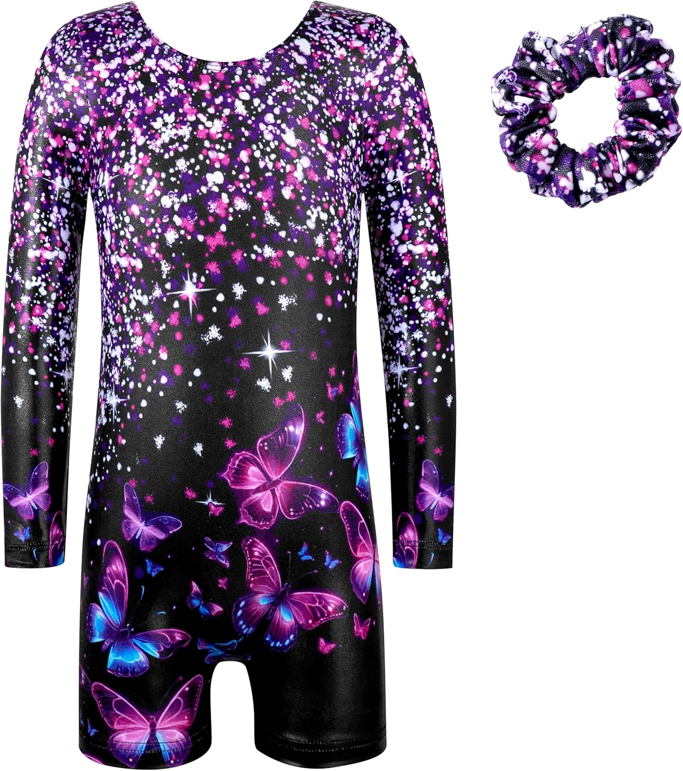 Belovance Gymnastics Leotards for Girls Toddler Tumbling Outfits Kids Long Sleeves Biketard Sparkly Diamond Purple Hotpink