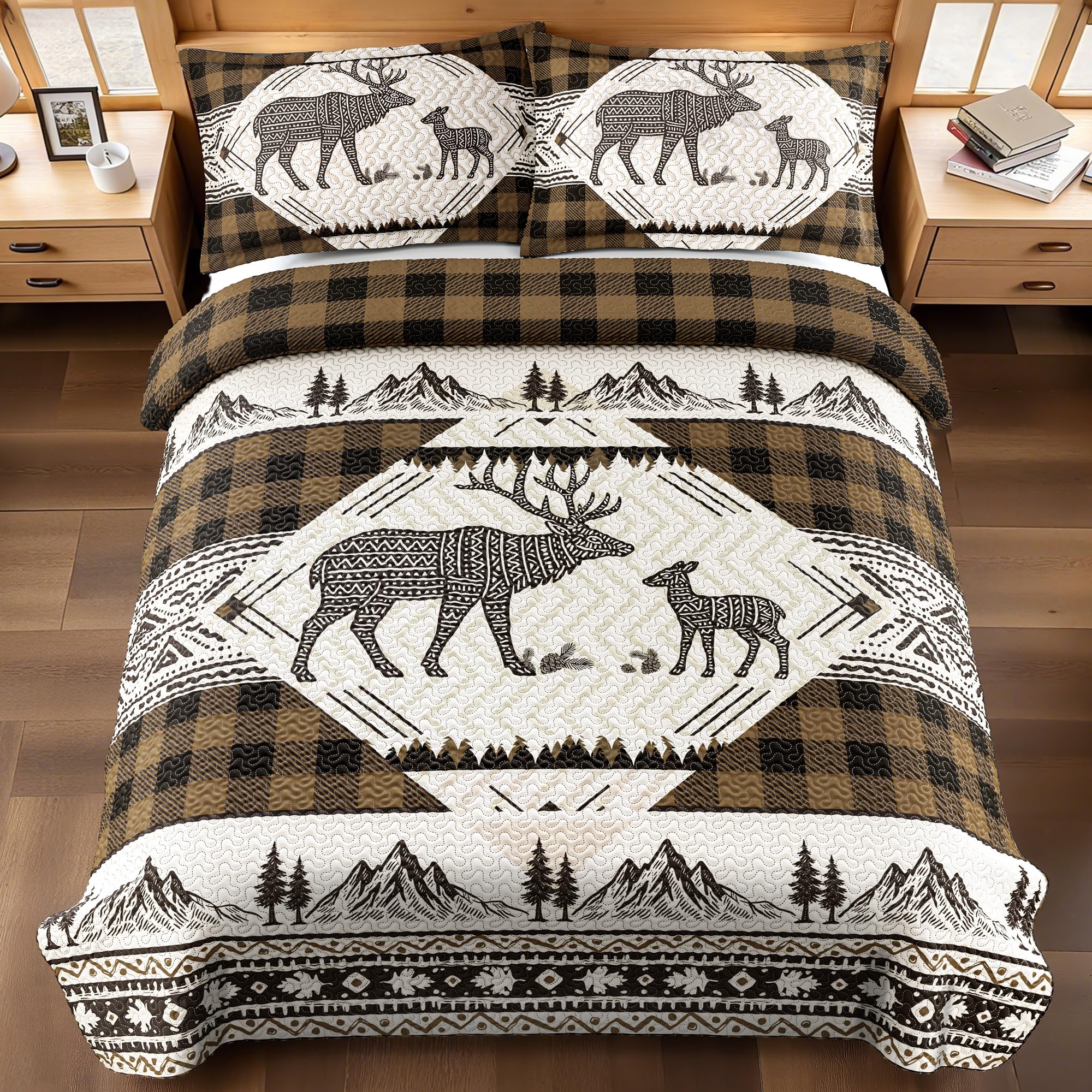 3 Piece Cabin King Size Quilt Sets Farmhouse Rustic Reversible Microfiber Soft Lightweight Bedspread Comforter with 2 Shams Patchwork Country Lodge Bedding Quilts Set for All Season, 106''x96'', Brown