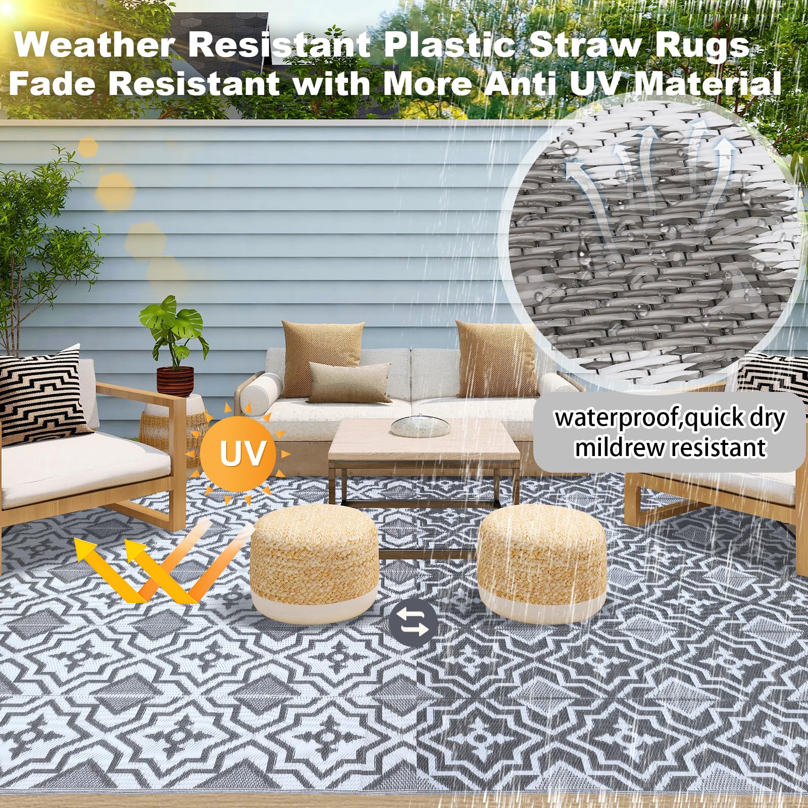 Alfolo Dywan zewnętrzny, plastikowy dywan ze słomy, dywaniki zewnętrzne 9 x 30 cm, na patio, wodoodporny dywan na patio, dywaniki kempingowe do kampera, szare, nadające się do recyklingu, tkane dywany