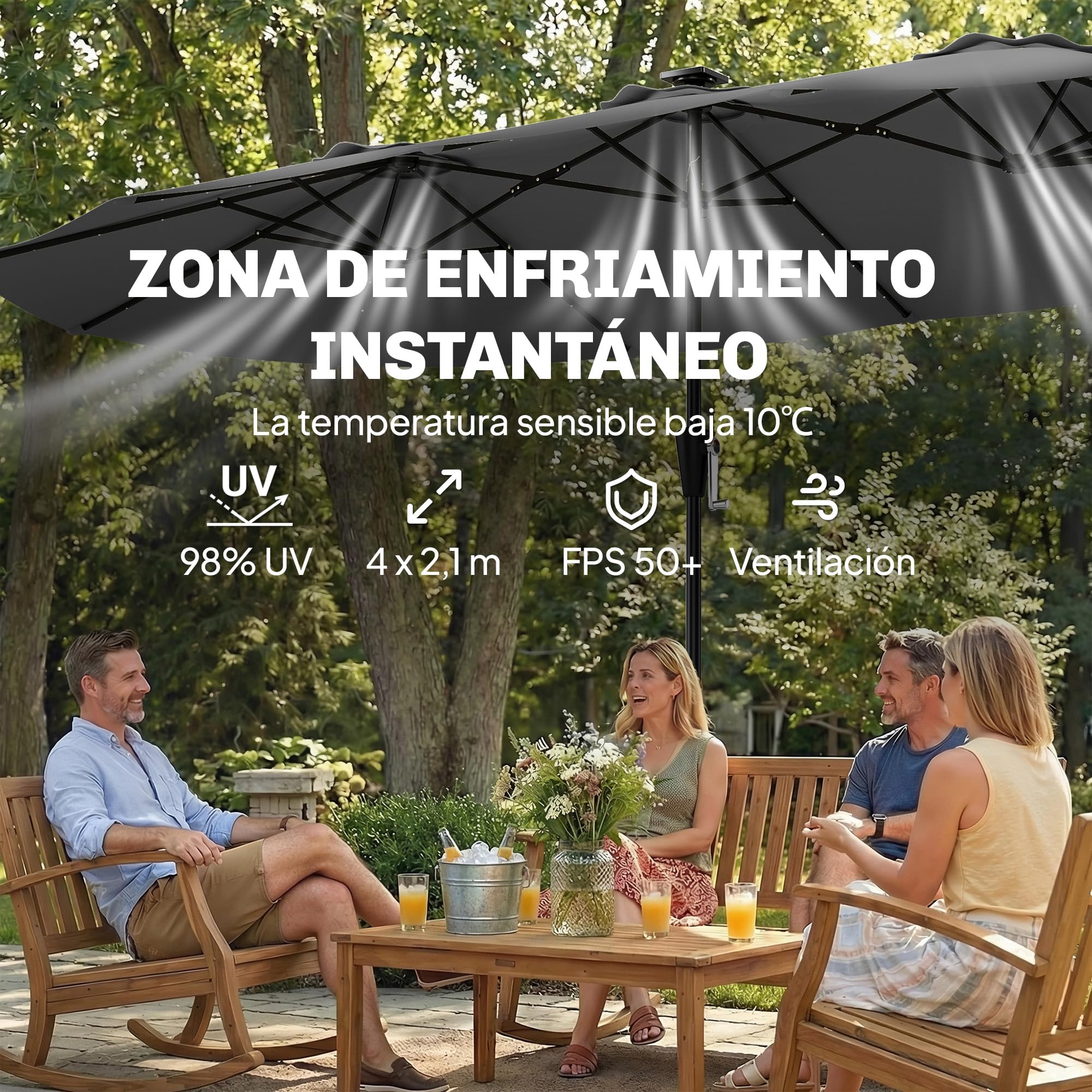 Outsunny Sombrilla Doble con 36 Luces LED Solares, 4x2 m, Sombrilla Terraza Exterior con Manivela, UPF50+, 12 Varillas, Resistente al Agua, Parasol para Jardín, Terraza, Patio — view 5