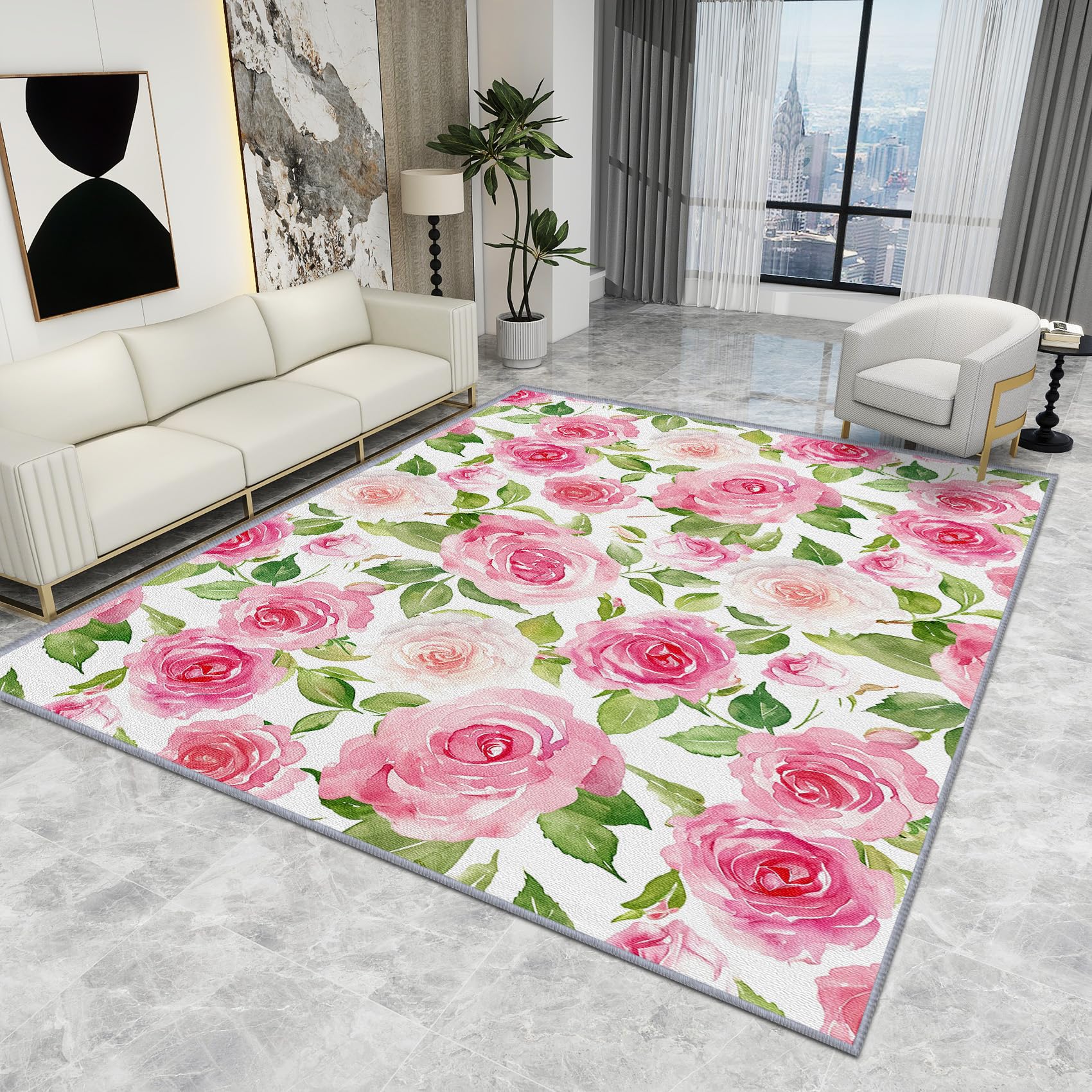Floral Rug Pink - Floral Rug - Pink Rose Flower Botanical Rugs, Romatic Watercolour Carpet, Washable Rug Non Slip Low Pile Soft Large Area Rugs, Floral Home Decor Gifts, 160 X 230 cm