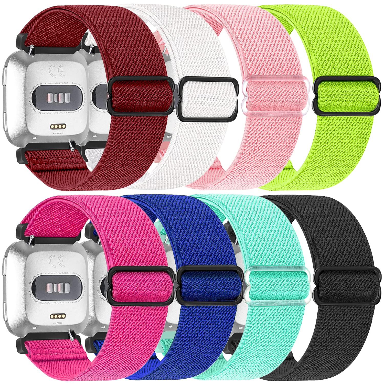 8 Pack Nylon Replacement Band Compatible with Fitbit Versa 2 / Versa Bands for Women Men, Adjustable Stretchy Solo Loop Fabric Strap