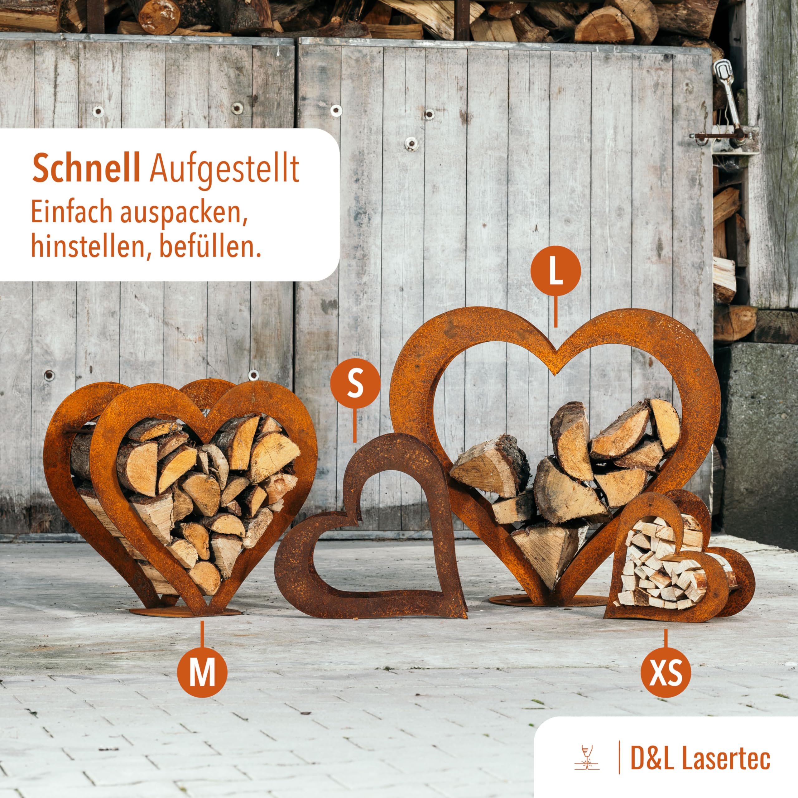 D&L Lasertec Kaminholzkorb, Herz aus Metall, Rost, Edelrost, Holzregal - Deko - SET M+L+XS