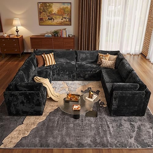 HOOOWOOO Modular Sectional Sofa,8 Pieces Sectional Couches for Living Room,131X98 L Shaped Cloud Couch with Ottoman Chaise Set(Black Velvet Corduroy)